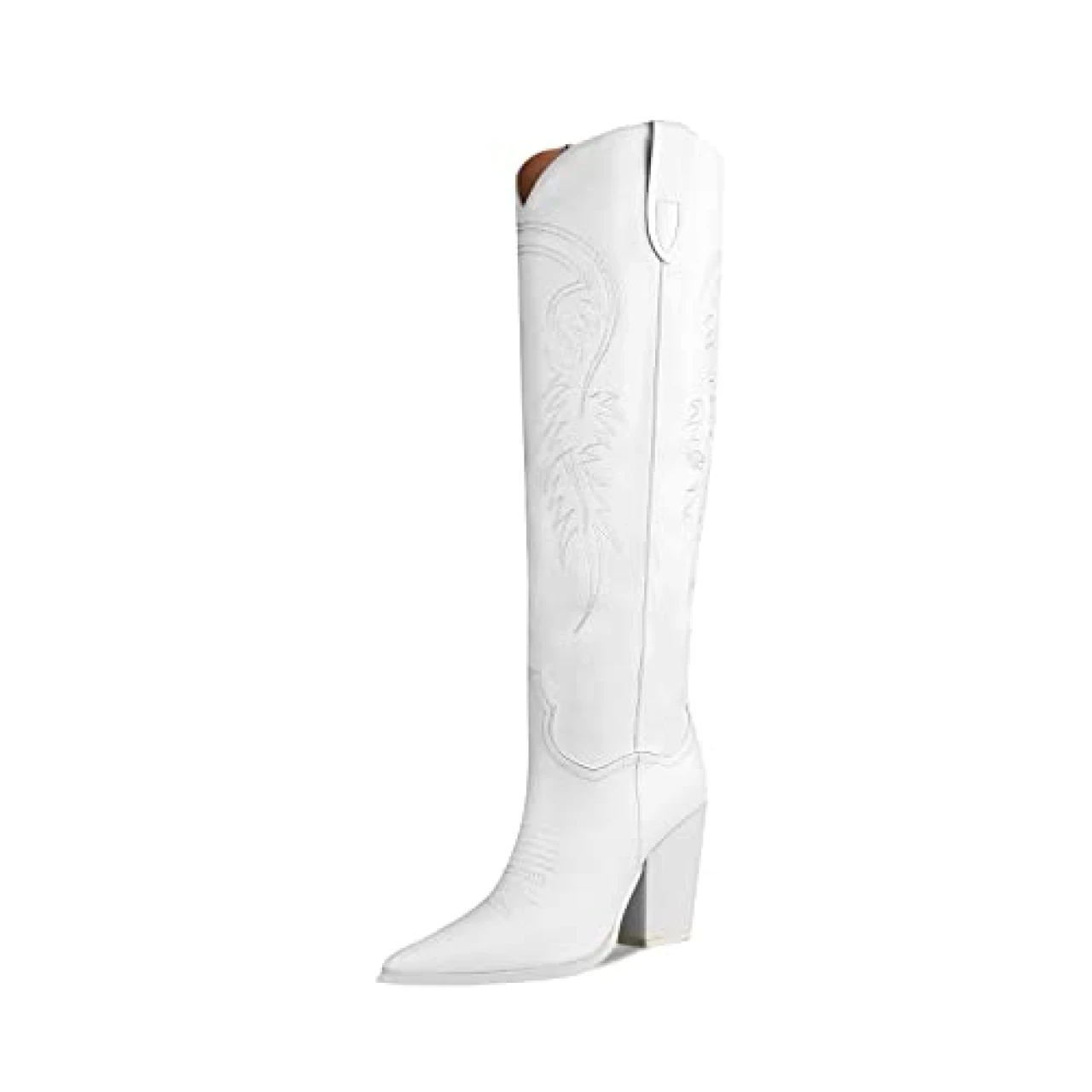 ISNOM White Cowboy Cowgirl Boots for Women, Embroidered Western Cowboy Boots Tall Knee High Boots Chunky Block Heel Pointed Toes Slip on Boots