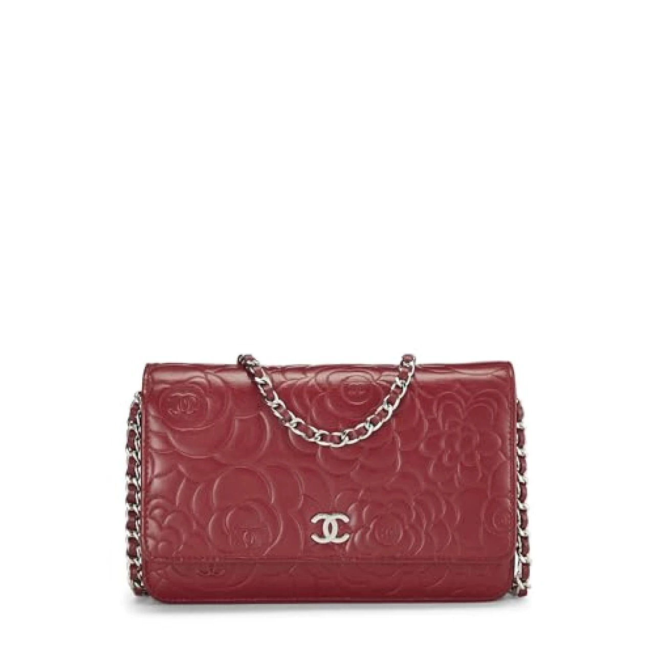 Chanel, Pre-Loved Red Lambskin Camellia Wallet on Chain (WOC), Red