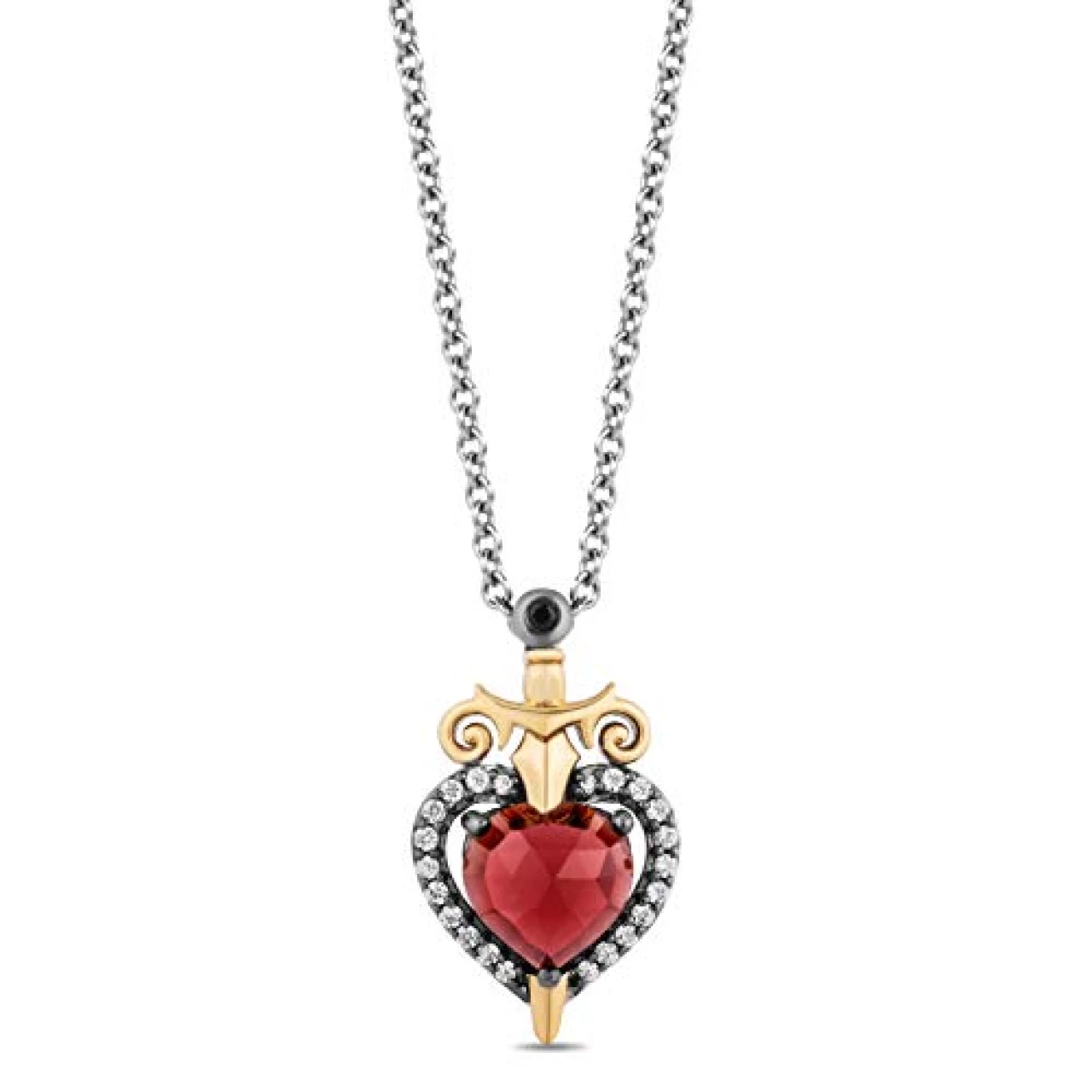 Jewelili Enchanted Disney Fine Jewelry 10K Yellow Gold and Sterling Silver Evil Queen Pendant with 1/10 CTTW Diamonds and Red Garnet