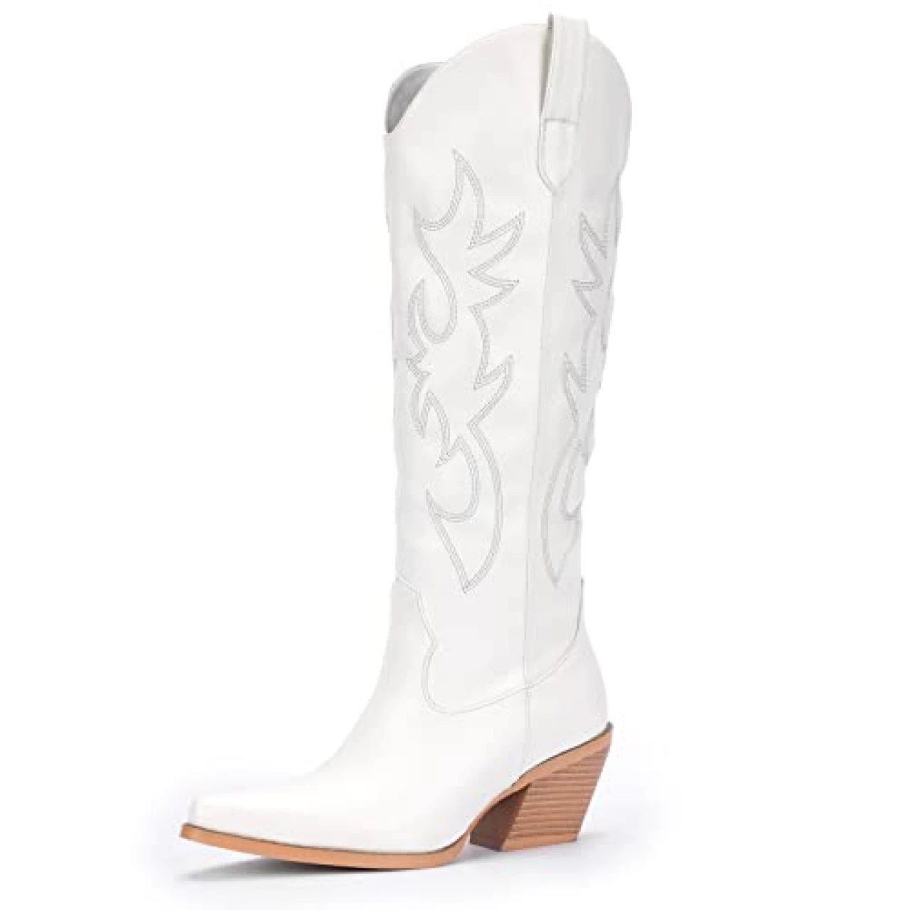 Pasuot White Cowboy Boots for Women - Wide Calf Cowgirl Knee High Western Boots with Side Zip and Embroidered, Pointed Toe Chunky Heel Retro Classic Tall Boot Pull On for Ladies Fall Winter Size 7.5