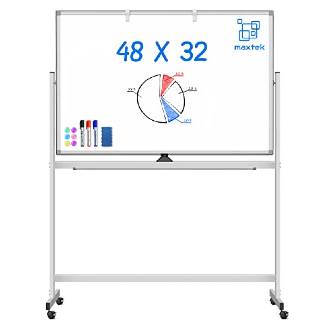 Large Rolling White Board, 48 x 32 inches Double-Sided Mobile Whiteboard