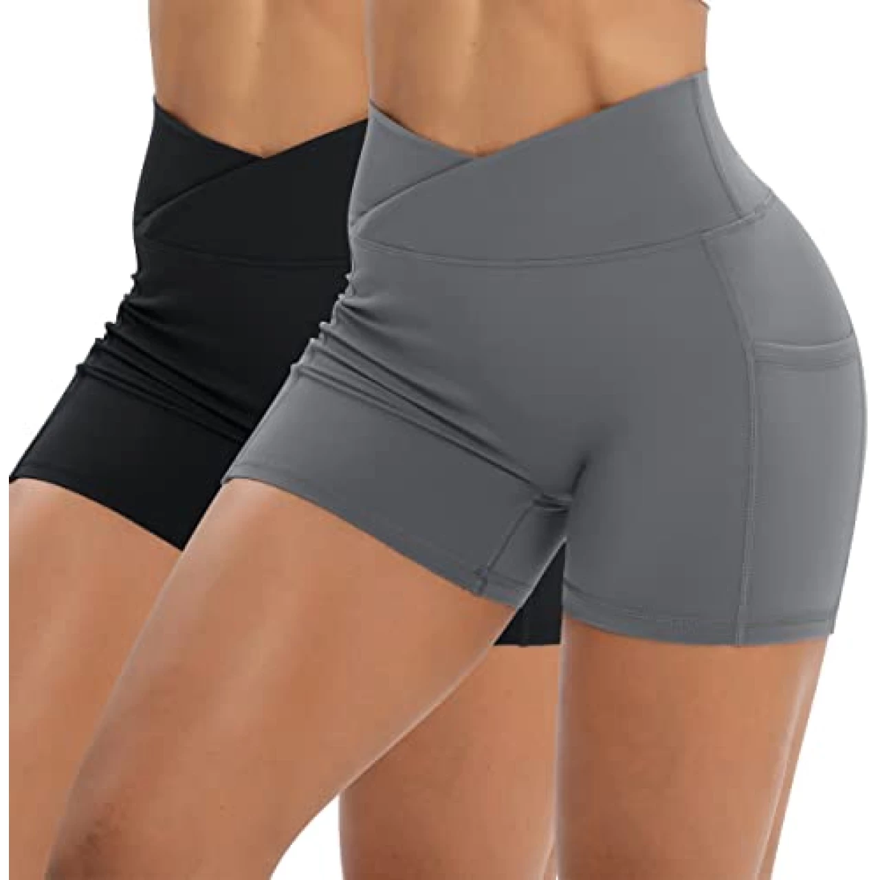 Workout Shorts for Women 2 Pcs Pack Cross Waist Active Gym Spandex Stretchy Yoga Compression with Side Pockets Black+Grey-L