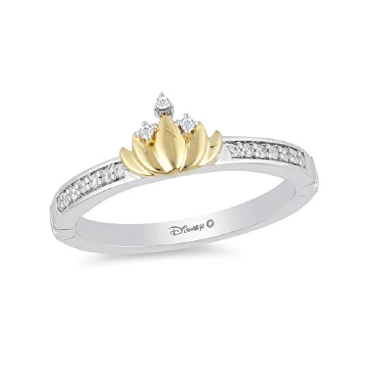 Jewelili Enchanted Disney Fine Jewelry Sterling Silver and 10K Yellow Gold 1/10CTTW Tiana Water Lily Ring size 6