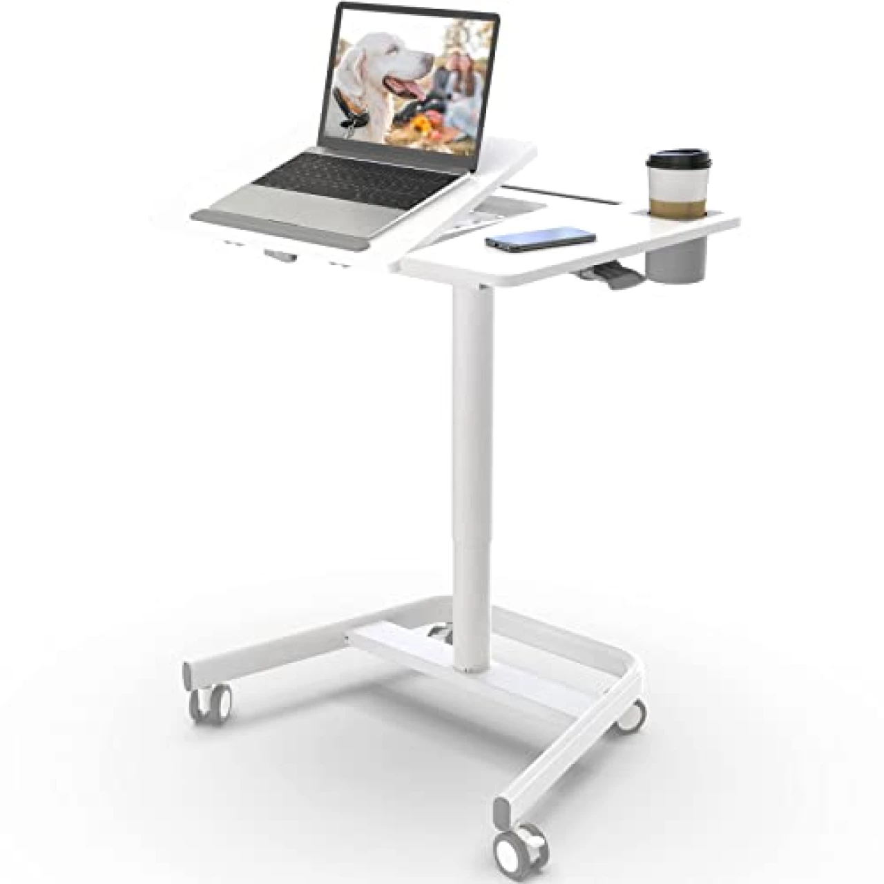 JOY worker Mobile Standing Desk, Height Adjustable Table, 60° Tiltable Rolling Laptop Desk, Portable Sit Stand Desk with Wheels Cup Holder for Bed Couch School, Holds Up to 22lbs, White