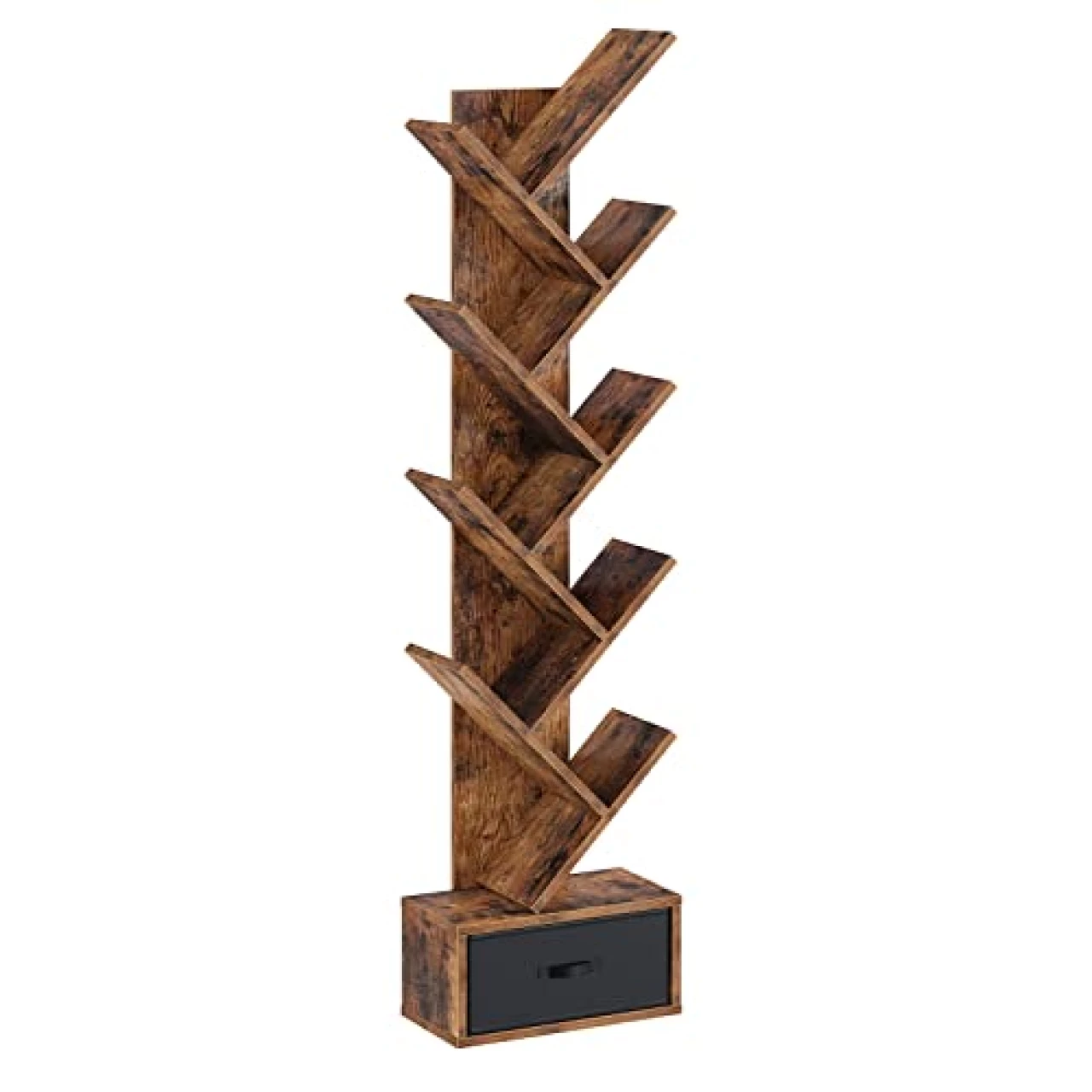 Rolanstar Bookshelf with Drawer, 9-Tier Tree Bookshelf, Wooden Bookshelves Storage Rack for CDs/Movies/Books, Rustic Brown Bookcase, Utility Organizer Shelves for Living Room, Bedroom