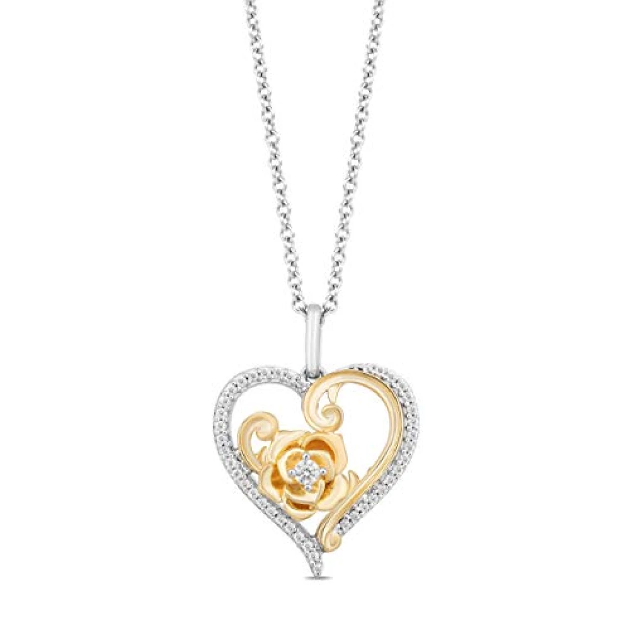 Jewelili Enchanted Disney Fine Jewelry 10K Yellow Gold and Sterling Silver 1/5 Cttw Natural White Round Diamond Belle 30th Heart Pendant Necklace