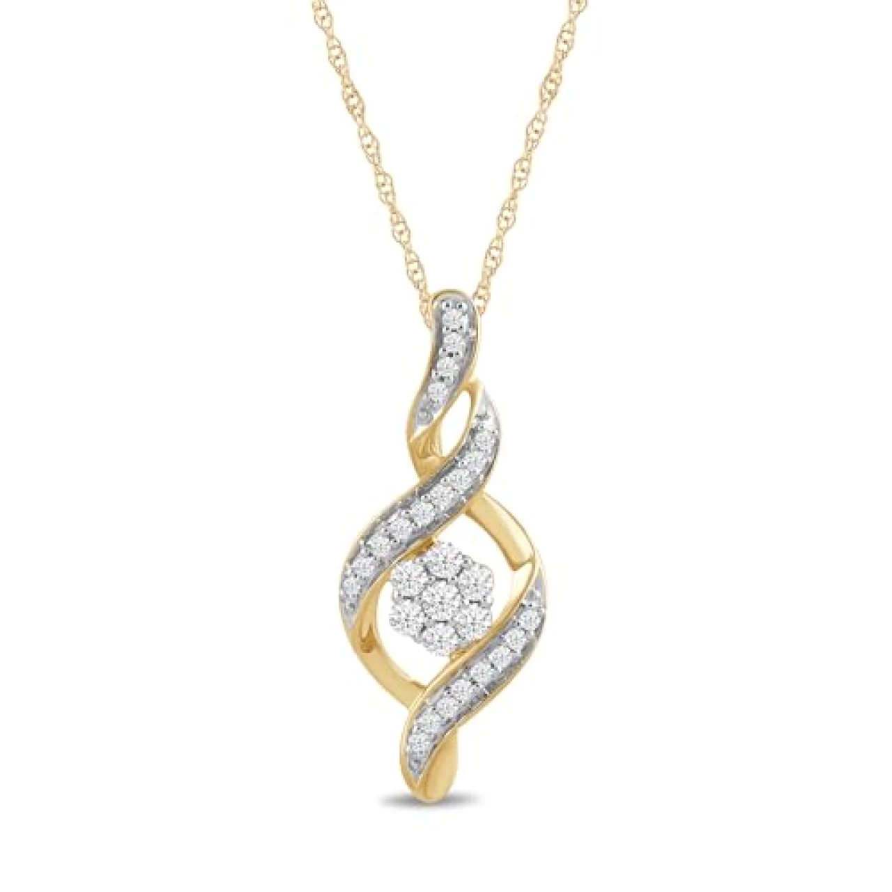 Amazon Collection 10K Yellow Gold Diamond 7 Stone Cluster Twist Pendant Necklace (1/4 cttw),18&quot;