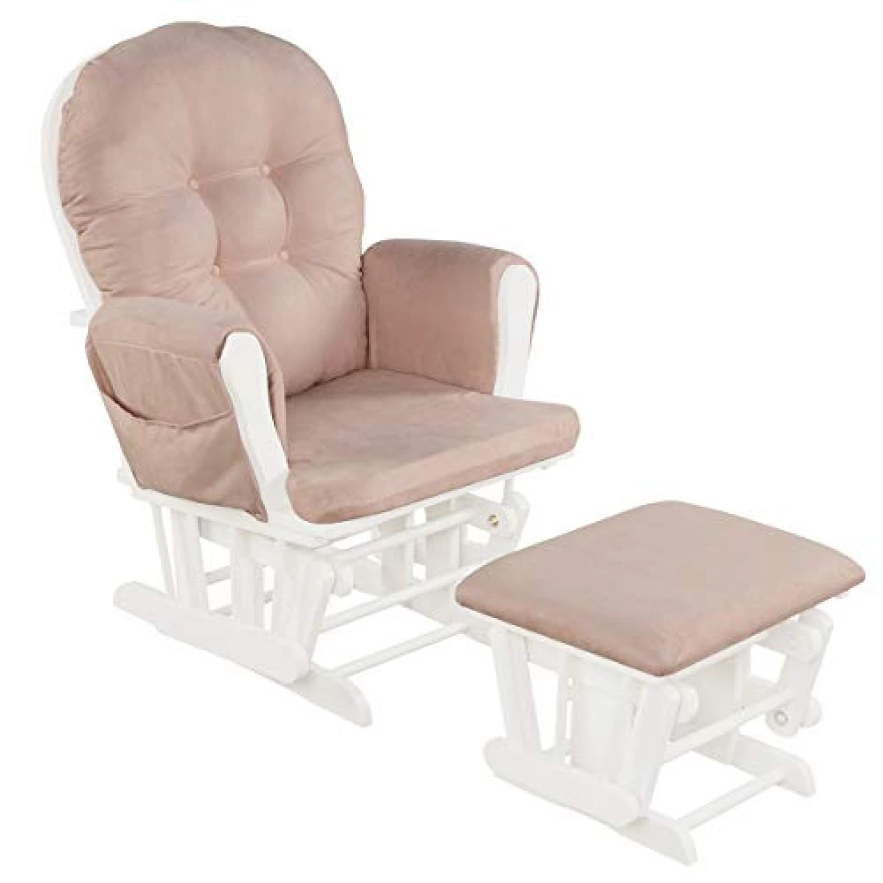 Costzon Nursery Glider with Ottoman, Upholstered Comfort Glider Rocker with Padded Cushion, Storage Pocket, Solid Wood Base, Rocking Chair Nursery for Breastfeeding, Maternity, Napping (Pink)