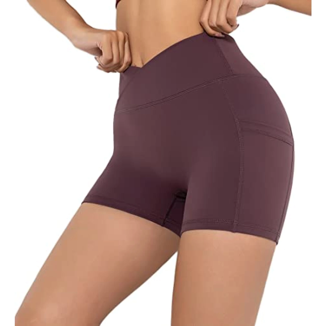 Darkterror Workout Shorts Women Spandex High Crossover Waist Gym Athletic Yoga Running with Pockets(Burgundy-L)