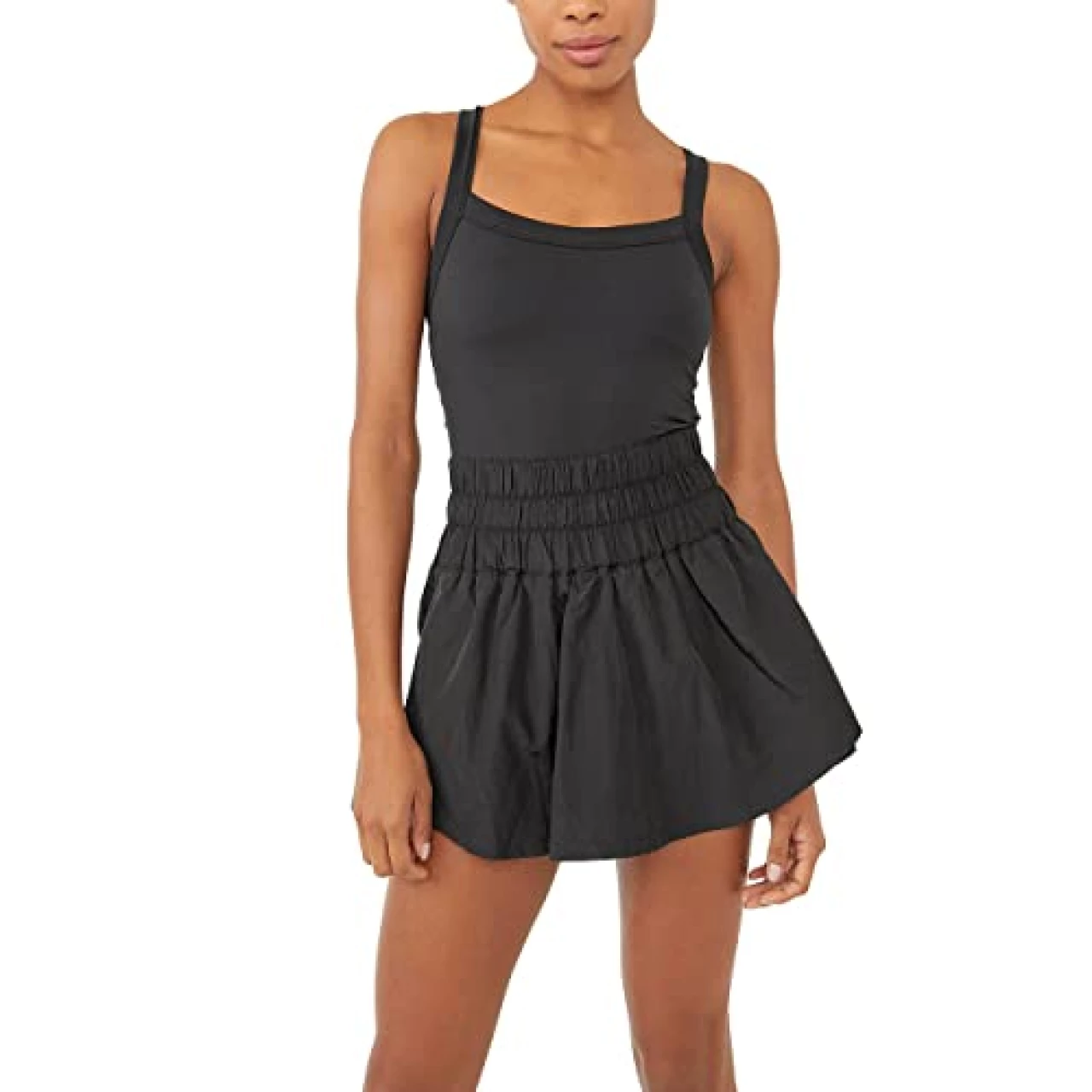 KAMOEUR The Way Home Skortsie Tennis Dress with Shorts Underneath, Sleeveless Workout Athletic Dress Romper Black