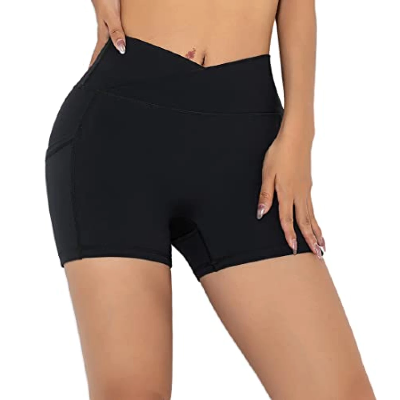 Darkterror Workout Shorts Women Spandex High Crossover Waist Gym Athletic Yoga Running with Pockets(Black-L)