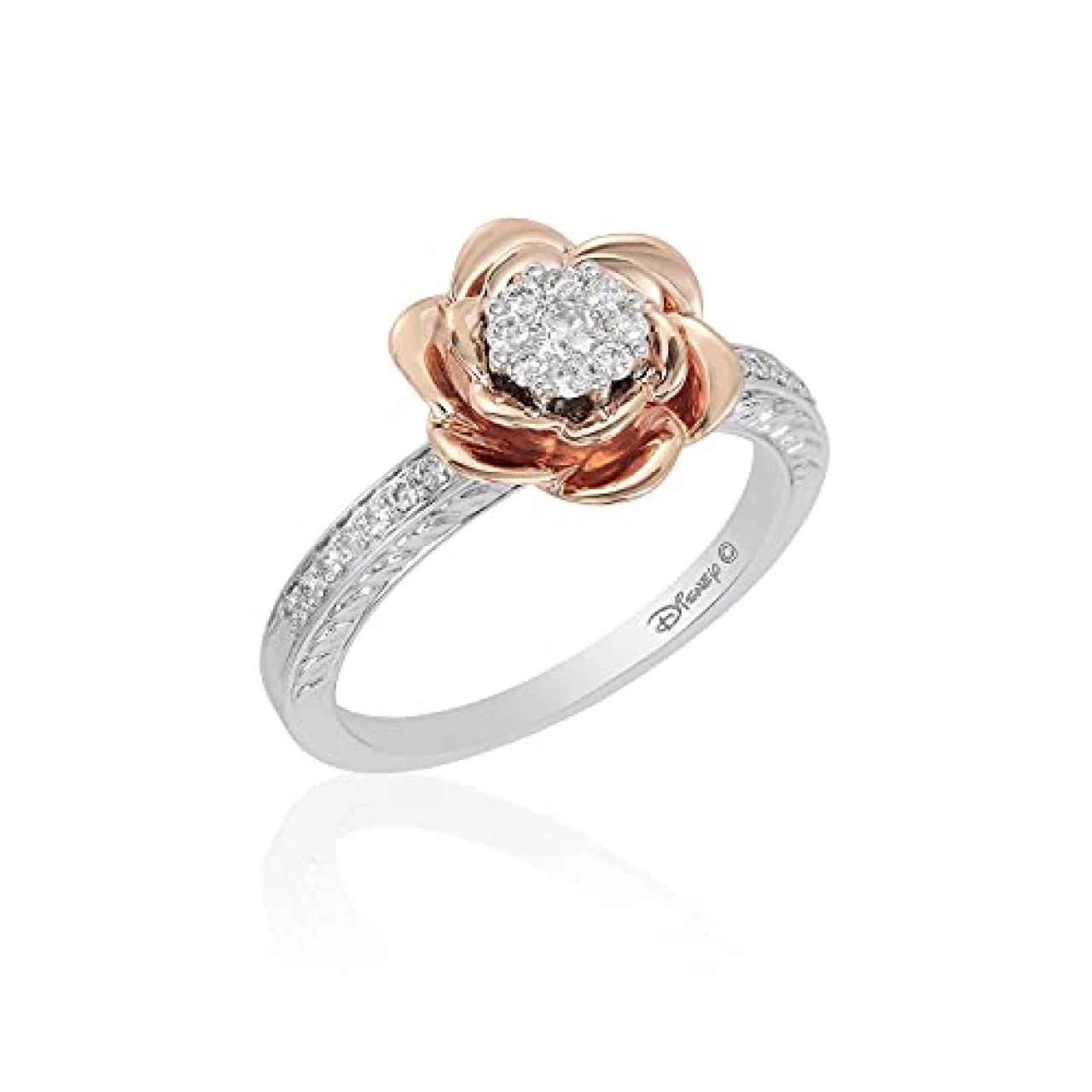 Jewelili Enchanted Disney Fine Jewelry 14K Rose Gold Over Sterling Silver 1/4 Cttw Belle Rose Composite Ring, Size 8