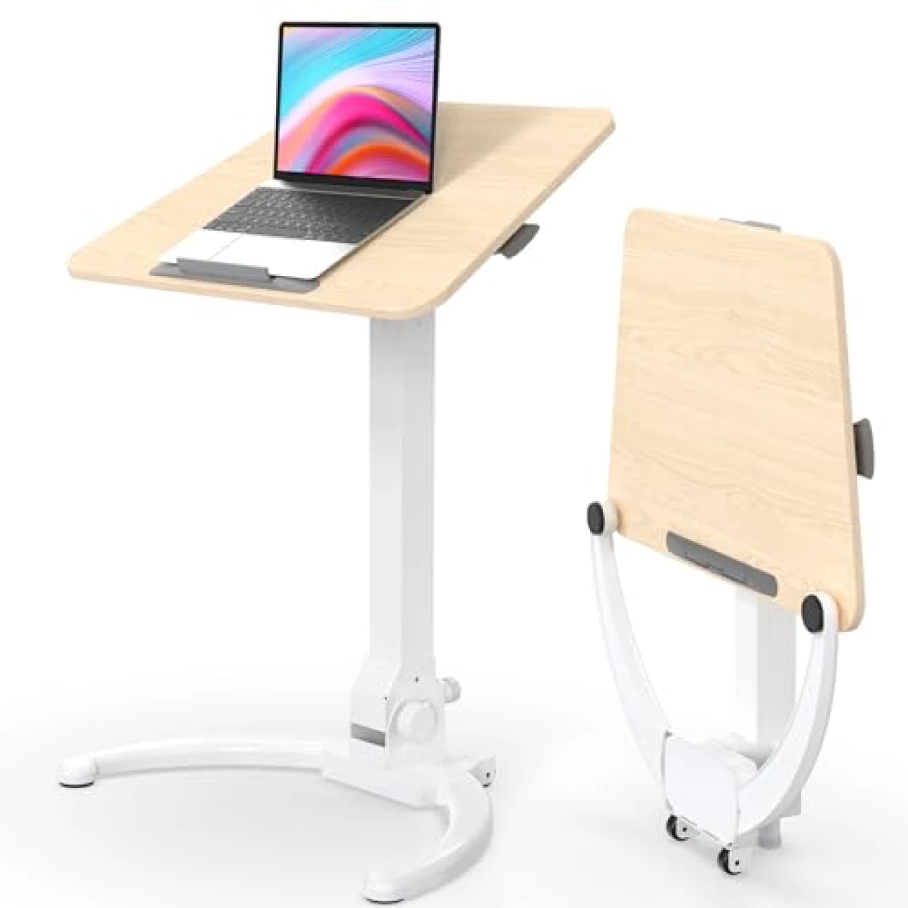 JOY worker Foldable Mobile Standing Desk, Pneumatic Height Adjustable Sit Stand Desk, 90° Tiltable Rolling Laptop Desk, Portable Desk with Wheels Non-Slip Mat for Home Office, Holds Up to 22lbs