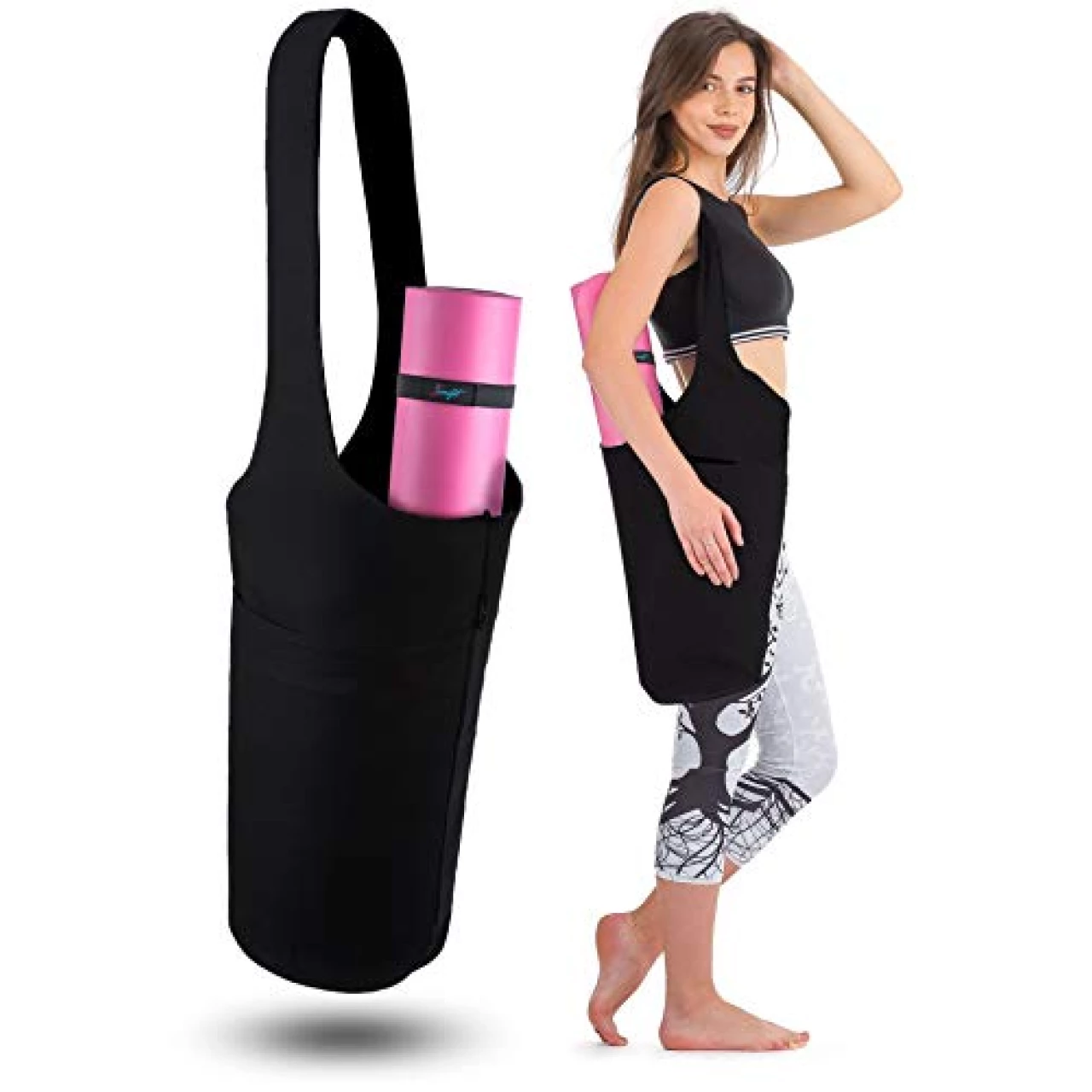 Zenifit Yoga Mat Bag - Long Tote with Pockets - Holds More Yoga Accessories. Cute Yoga Mat Holder with Bonus Yoga Mat Strap Elastics. Stylish and Practical Yoga Mat Bags and Carriers for Women (Black)