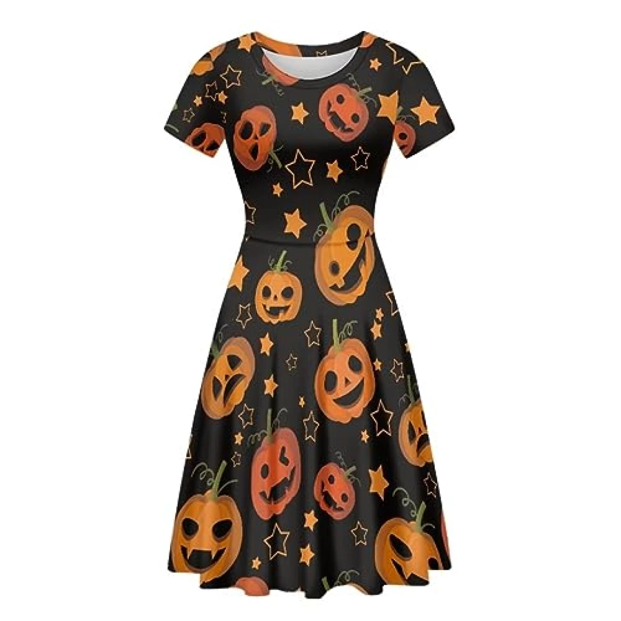 Allhaitong Halloween Dress for Women Pumpkin Print Casual Short Sleeve Midi Flowy Vintage Sexy Summer Dress Plus Size Party Costumes