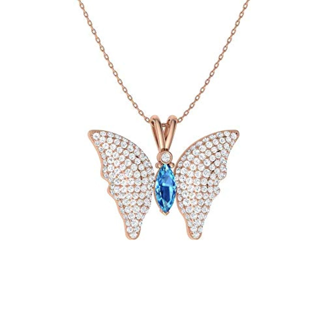 Diamondere Natural and Certified Marquise Cut Blue Topaz and Diamond Butterfly Necklace in 14k White Gold | 1.29 Carat Pendant with Chain