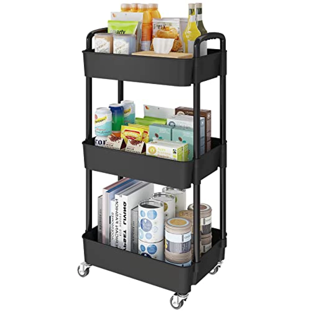 Laiensia 3-Tier Kitchen Storage Cart,Multifunction Utility Rolling Storage Organizer,Mobile Shelving Unit Cart with Lockable Wheels for Bathroom,Laundry,Living Room,With Classified Stickers,Black