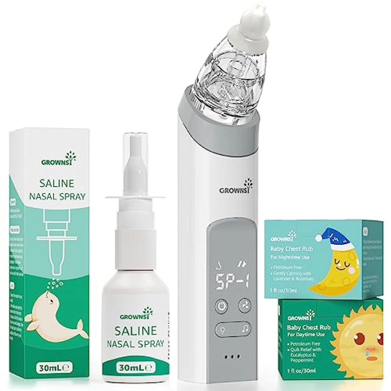 GROWNSY Breathe Easy Kit with Baby Saline Nasal Spray, Electric Nasal Aspirator, 2PCS Natural Day &amp; Night Chest Rubs, Instantly Relieve Nasal Congestion and Helps Baby Sleep Better