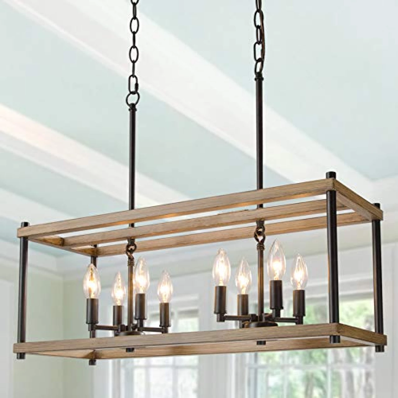 KSANA Farmhouse Chandelier for Dining Rooms, 8-Light Kitchen Island Lighting, Rectangular Chandelier 26&rsquo;&rsquo; in Length, Brown