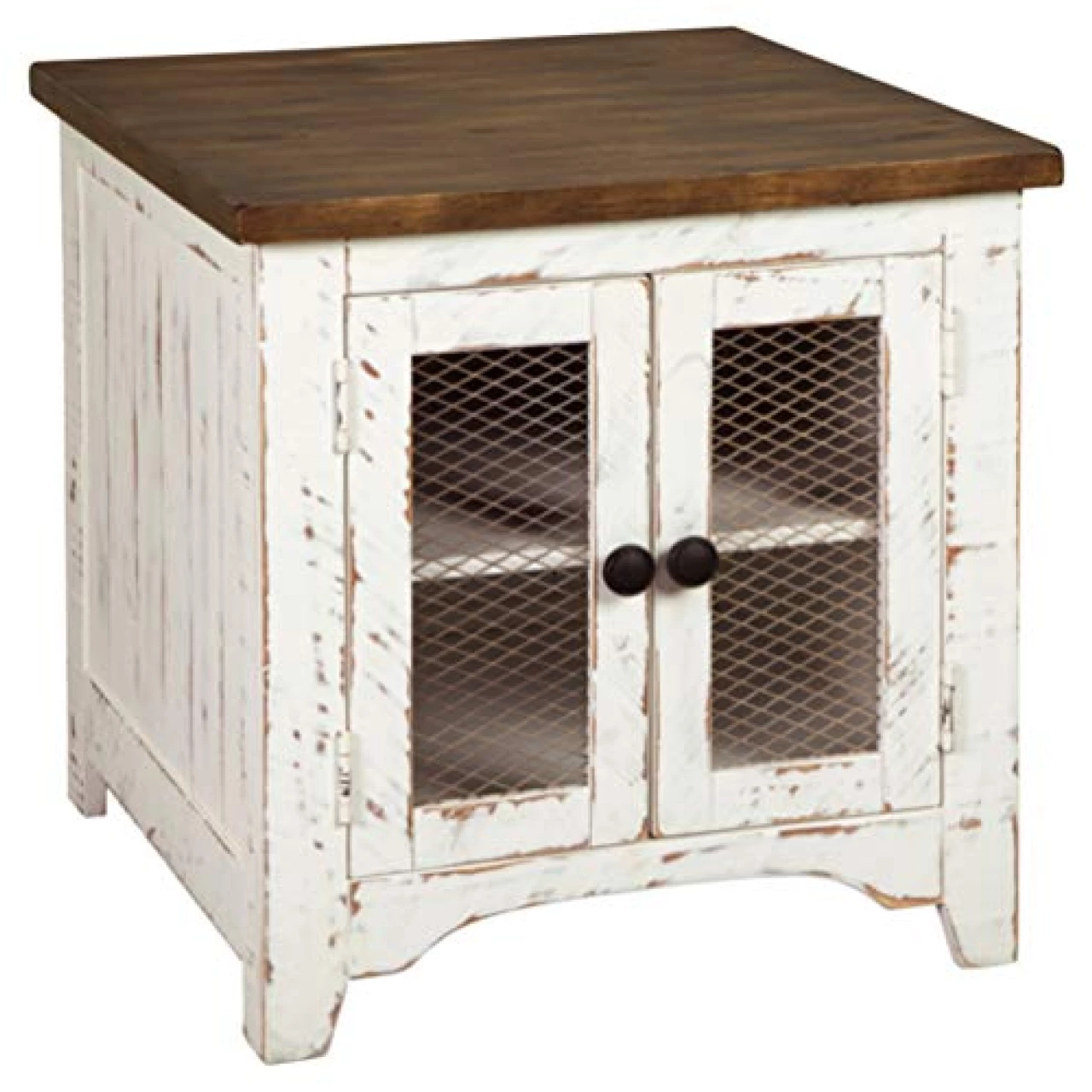Signature Design by Ashley Wystfield Farmhouse End Table with Storage, Distressed White &amp; Brown Finish