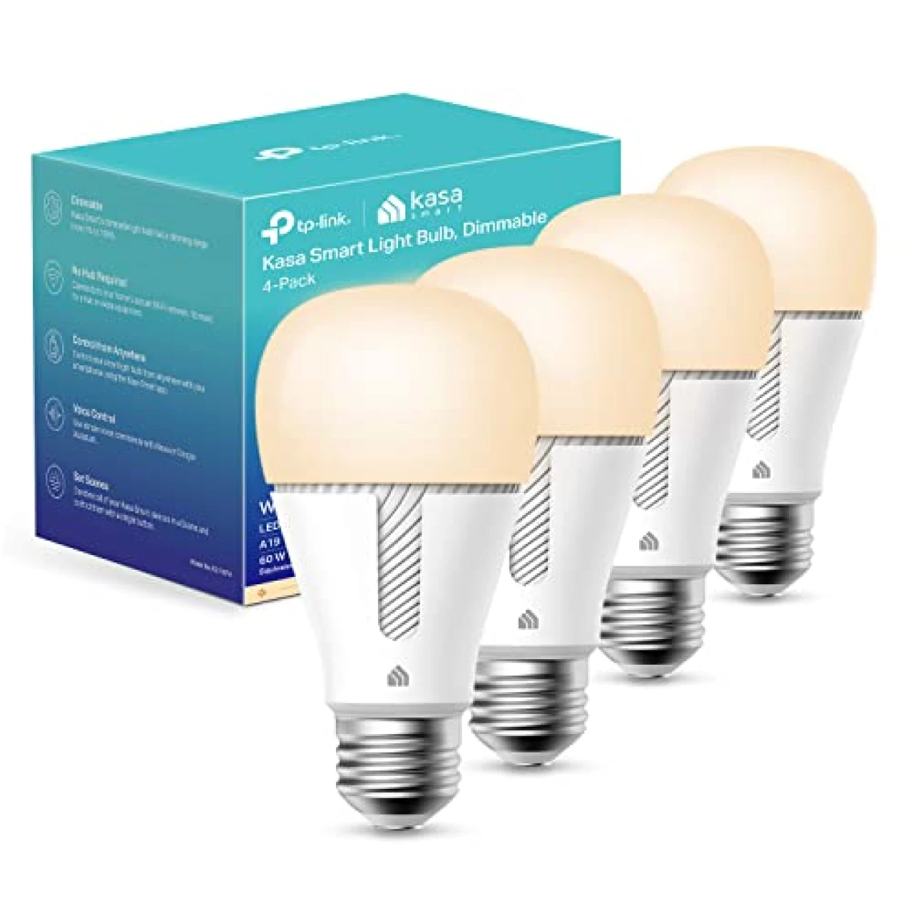 Kasa Smart Light Bulbs, Dimmable Smart LED Bulb, A19, 9W, 800Lumens, Soft White(2700K), CRI≥90, WiFi 2.4Ghz only, No Hub Required, 4-Pack