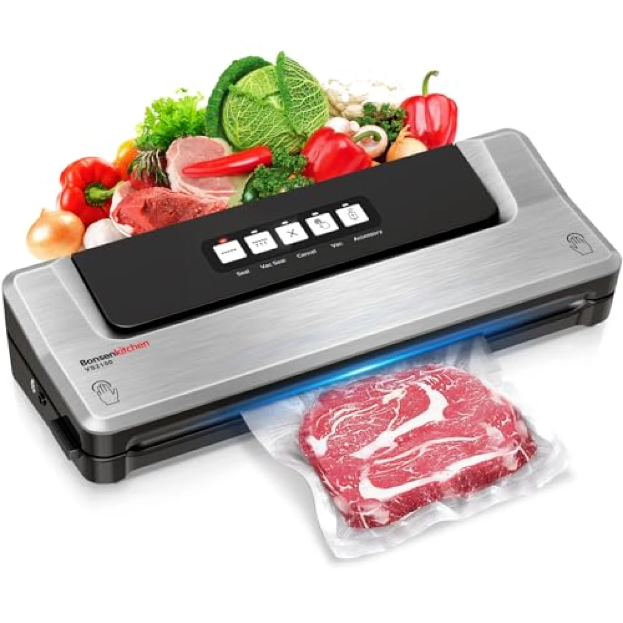 Bonsenkitchen Dry/Moist Vacuum Sealer Machine with 5-in-1 Easy Options for Sous Vide and Food Storage, Air Sealer Machine with 5 Vacuum Seal Bags &amp; 1 Air Suction Hose, Silver