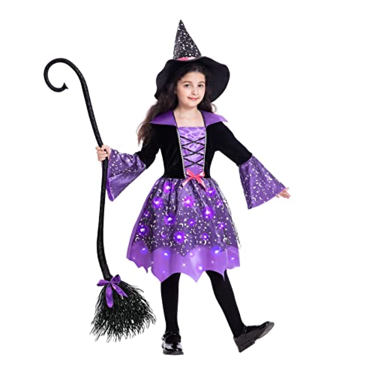 Light Up Witch Costume for Girls, Toddler Witch Halloween Costumes with Witch Broom and Hat, Kids Witch Dress Outfit Glow in the Dark for Halloween Dress-Up Cosplay Party (5-7 S)