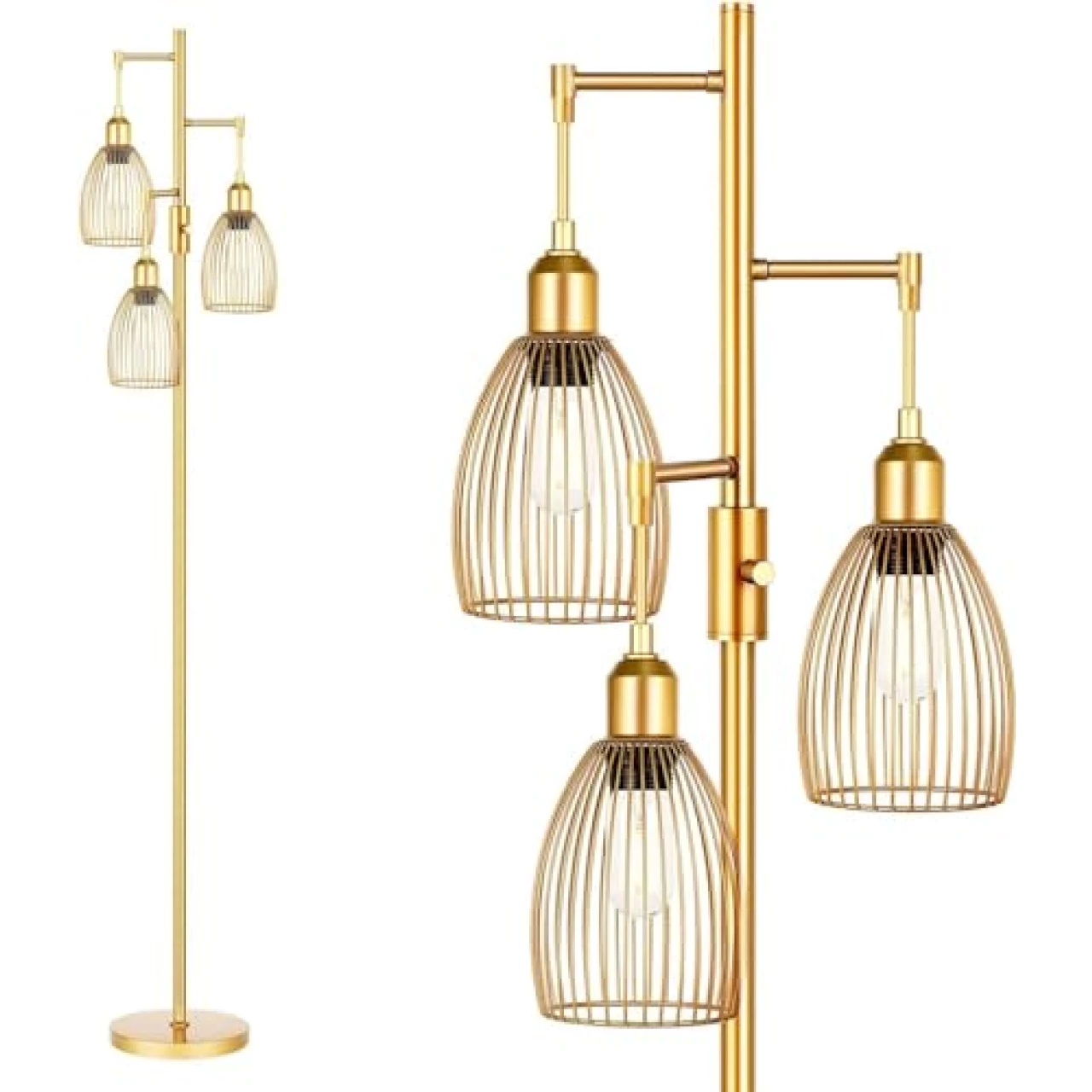 Dimmable Industrial Floor Lamps for Living Room, Gold Tree Standing Tall Lamps with 3 Elegant Teardrop Cage Head &amp; 800 Lumens LED Bulbs for Bedroom Office