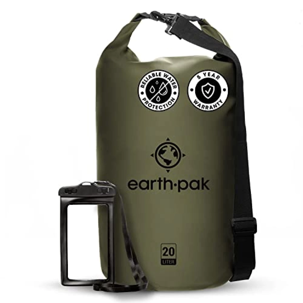 Earth Pak Waterproof Dry Bag - Roll Top Waterproof Backpack Sack Keeps Gear Dry for Kayaking, Beach, Rafting, Boating, Hiking, Camping and Fishing with Waterproof Phone Case