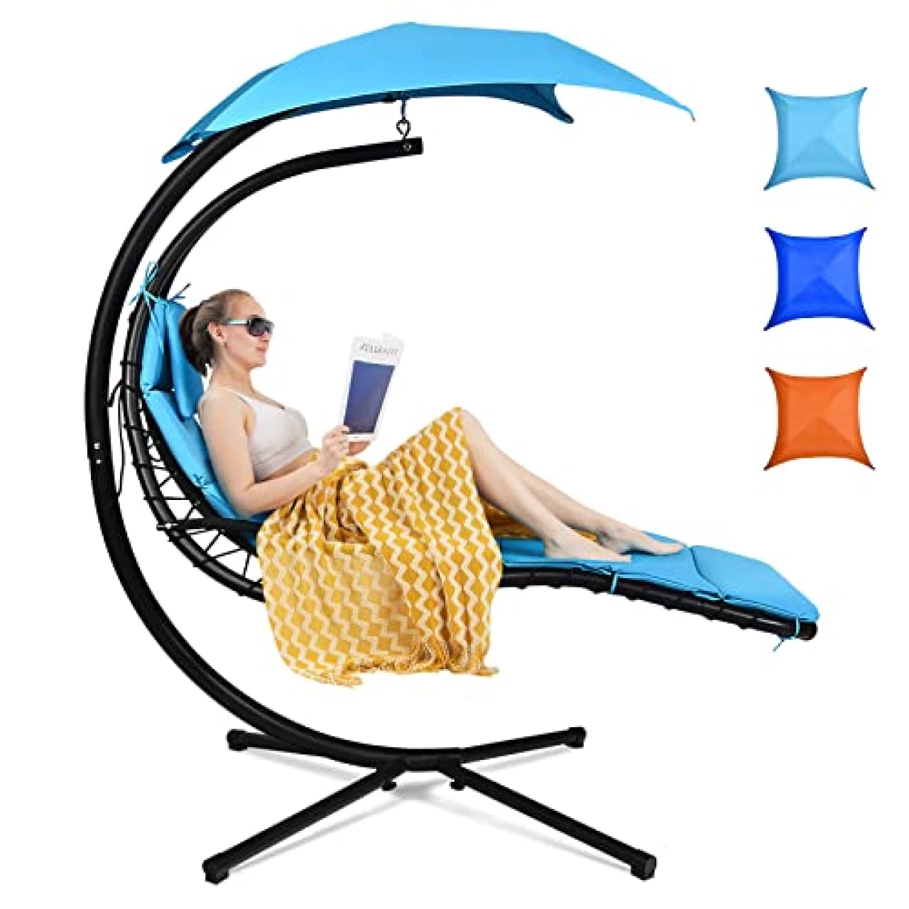 Tangkula Hanging Chaise Lounge, Arc Stand Floating Hammock Swing Chair w/Canopy and Built-in Pillow, Curved Steel Patio Lounge Chair, Freestanding Hammock Chair with Stand for Patio Backyard Garden