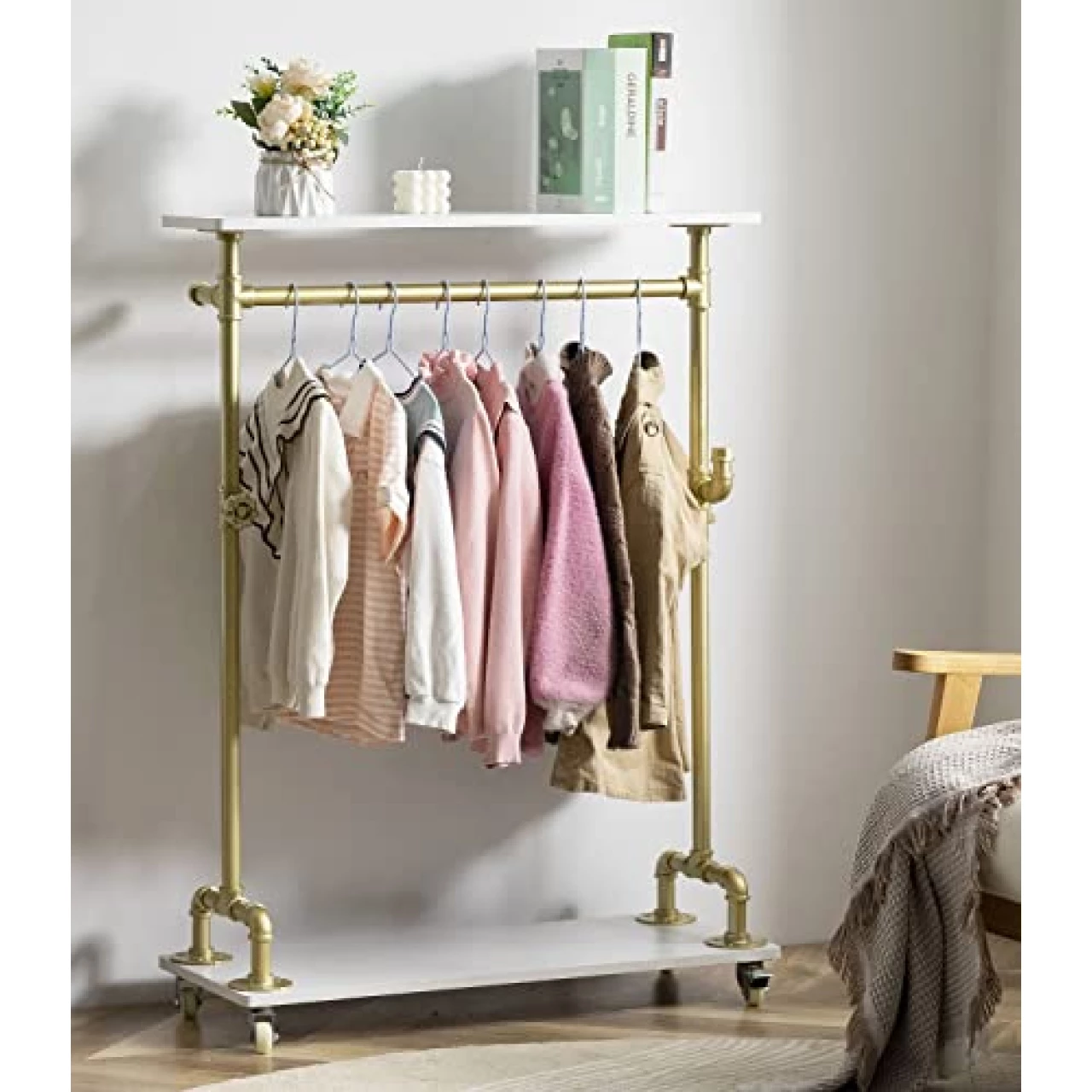 ZYUXUAN Kids Clothes Rack, White Gold, Wood Metal Pipe, 2-in-1 Design with Large Storage, Easy Assembly, Great Gift Idea