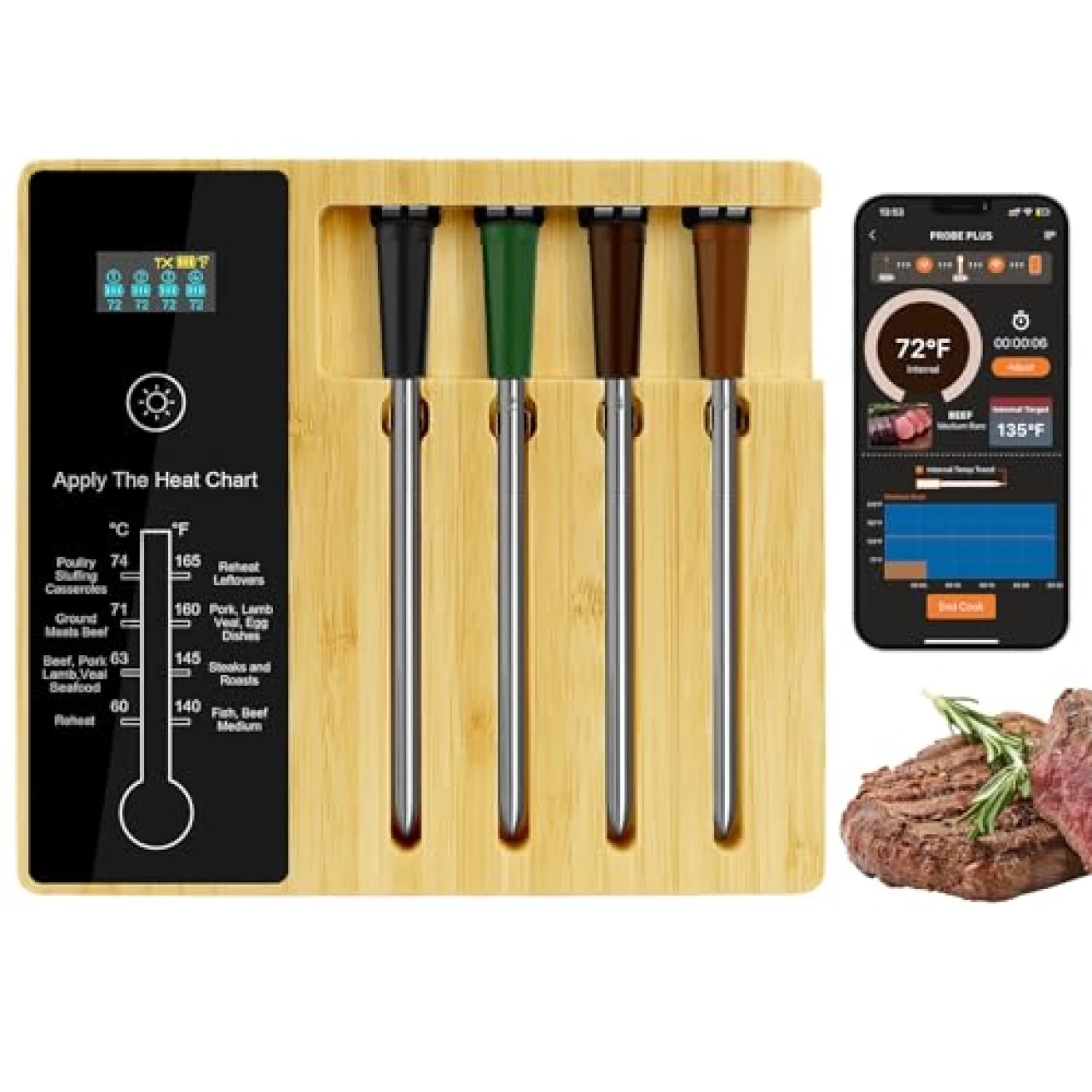 4-Probe Wireless Meat Thermometer, 400FT Wireless Range Bluetooth Meat Thermometer Digital, Probe Lasts Up to 16 Hours, Instant Read Food Thermometer for Oven, Smoker, Grill