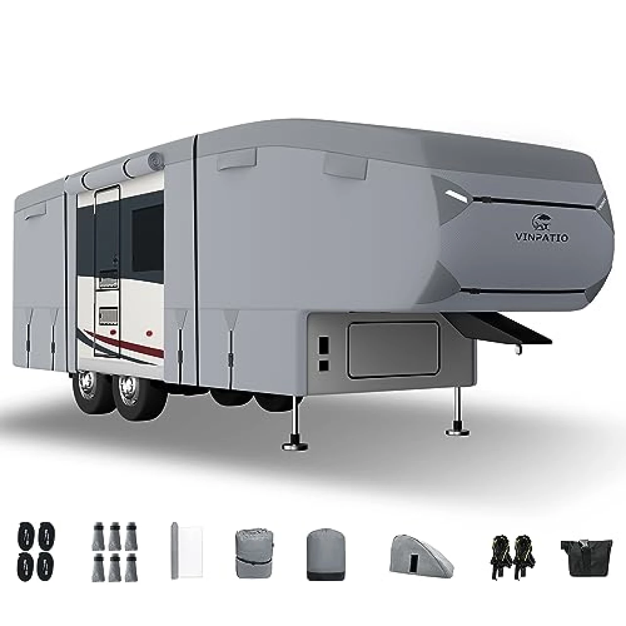 VINPATIO 5th Wheel Cover Extra-Thick 7 Layers Top, Fits 28&rsquo;-31&rsquo; RV, Heavy Duty Anti-UV Waterproof Windproof 5th Wheel RV Cover Ripstop, with Gutter Cover &amp; 2 Pcs Extra Straps