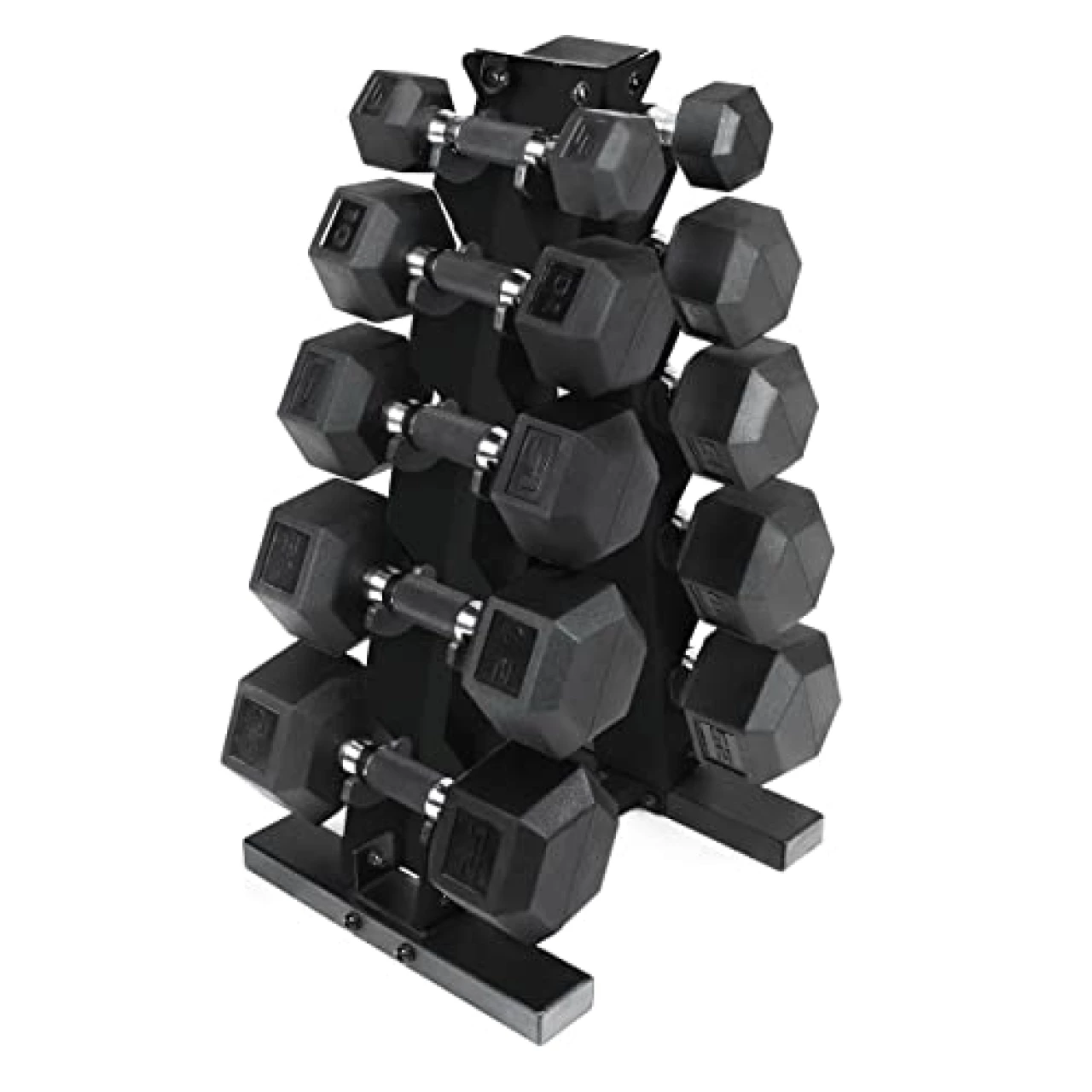 WF Athletic Supply 5-25Lb Rubber Coated Hex Dumbbell Set with A Frame Storage Rack Non-Slip Hex Shape for Muscle Toning, Strength Building &amp; Weight Loss - Multiple Choices Available