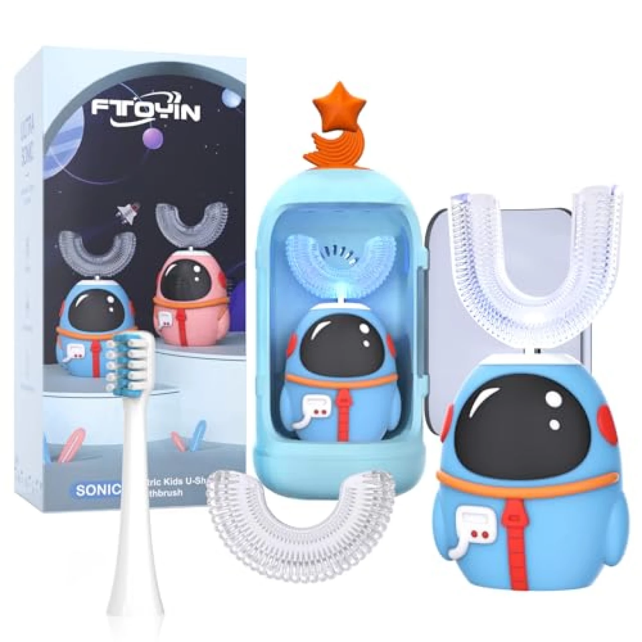 FTOYIN Kids Electric Toothbrush, IPX7 Waterproof, U Shaped Sonic Toothbrush with 5 Modes, 45s Smart Reminder, 360-Degree Cleaning, 3 Brush Heads (Astronauts Age 2-12)