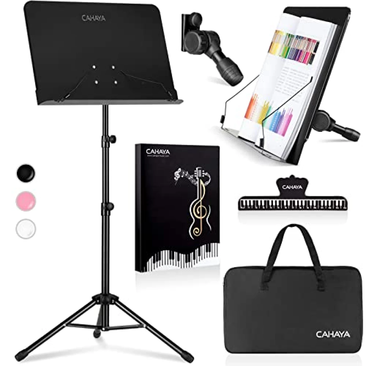 CAHAYA 5 in 1 Dual-use Sheet Music Stand &amp; Desktop Book Stand Metal Portable Solid Back Height Adjustable from 31.4-57in with Book Stand Support, Carrying Bag, Sheet Music Folder and Clip