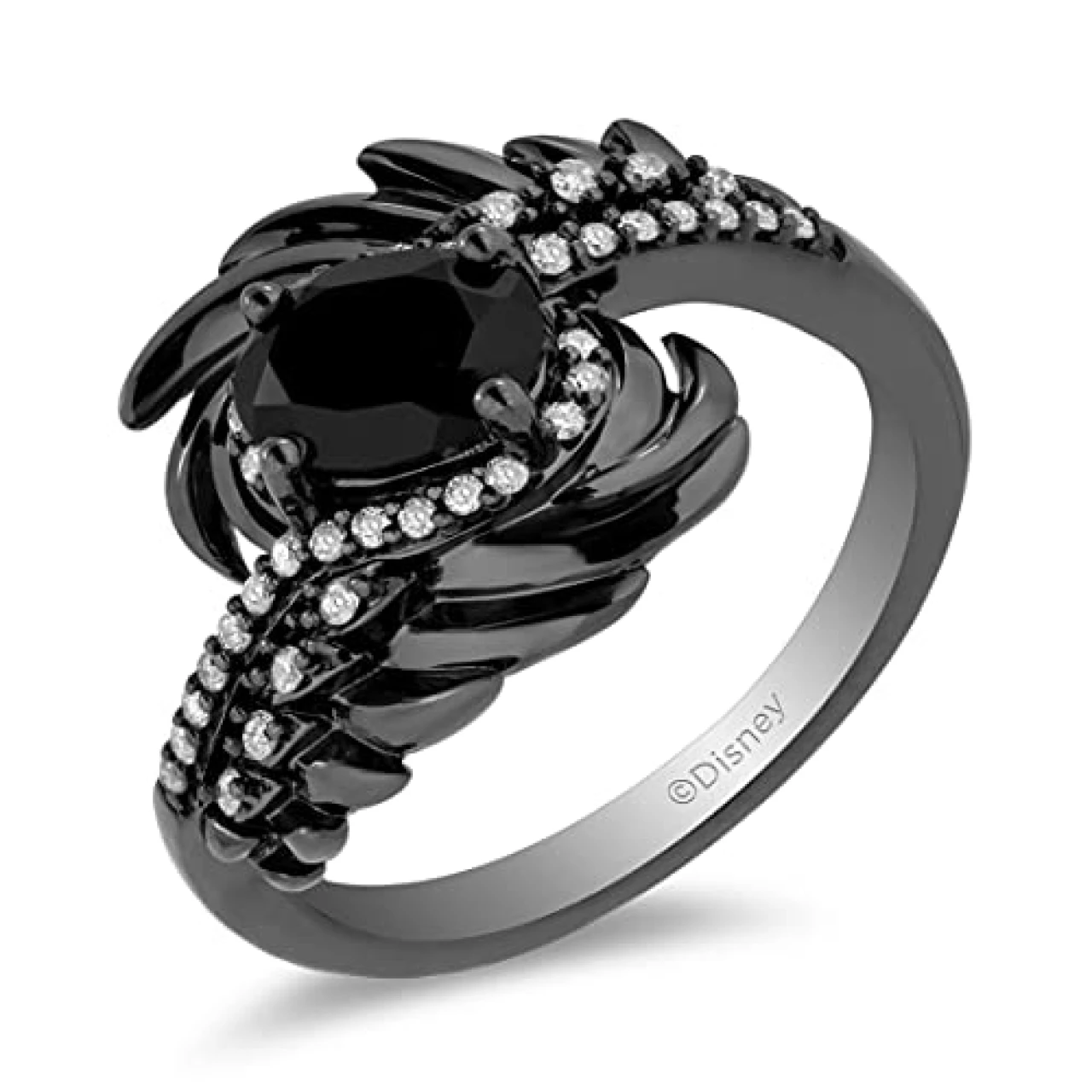 Jewelili Enchanted Disney Fine Jewelry Sterling Silver with Black Rhodium 1/6 Cttw Diamonds and Onyx Maleficent Wings Ring size 9