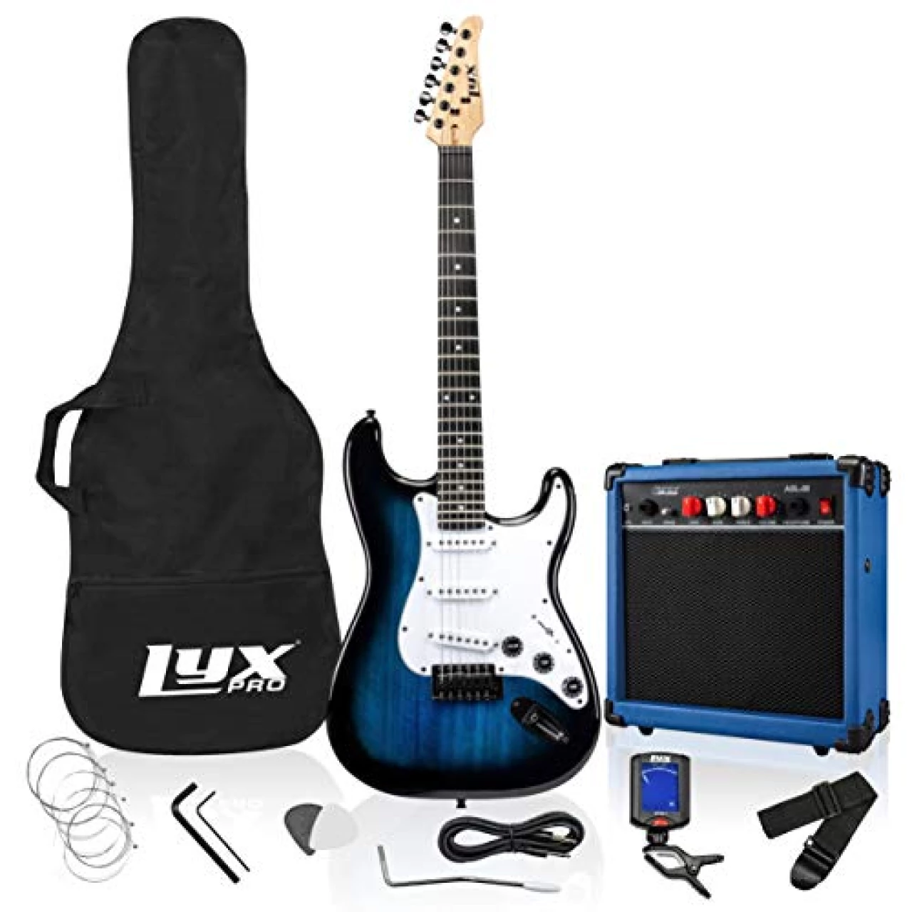 LyxPro 39 inch Electric Guitar Kit Bundle with 20w Amplifier, All Accessories, Digital Clip On Tuner, Six Strings, Two Picks, Tremolo Bar, Shoulder Strap, Case Bag Starter kit Full Size - Blue