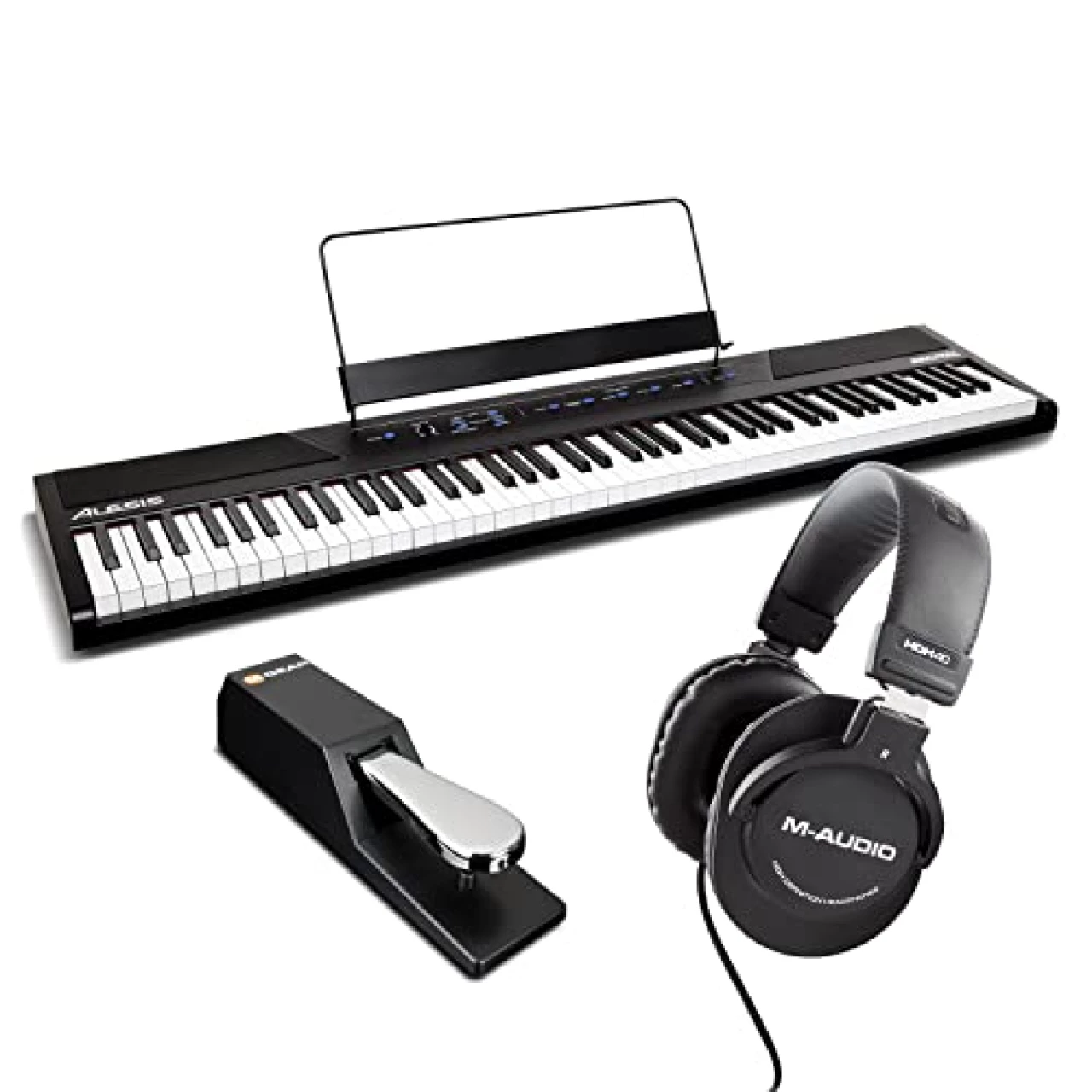 Alesis Recital – 88 Key Digital Piano Keyboard with Semi Weighted Keys, 5 Voices, M-Audio Sustain Pedal and HDH40 Piano Headphones