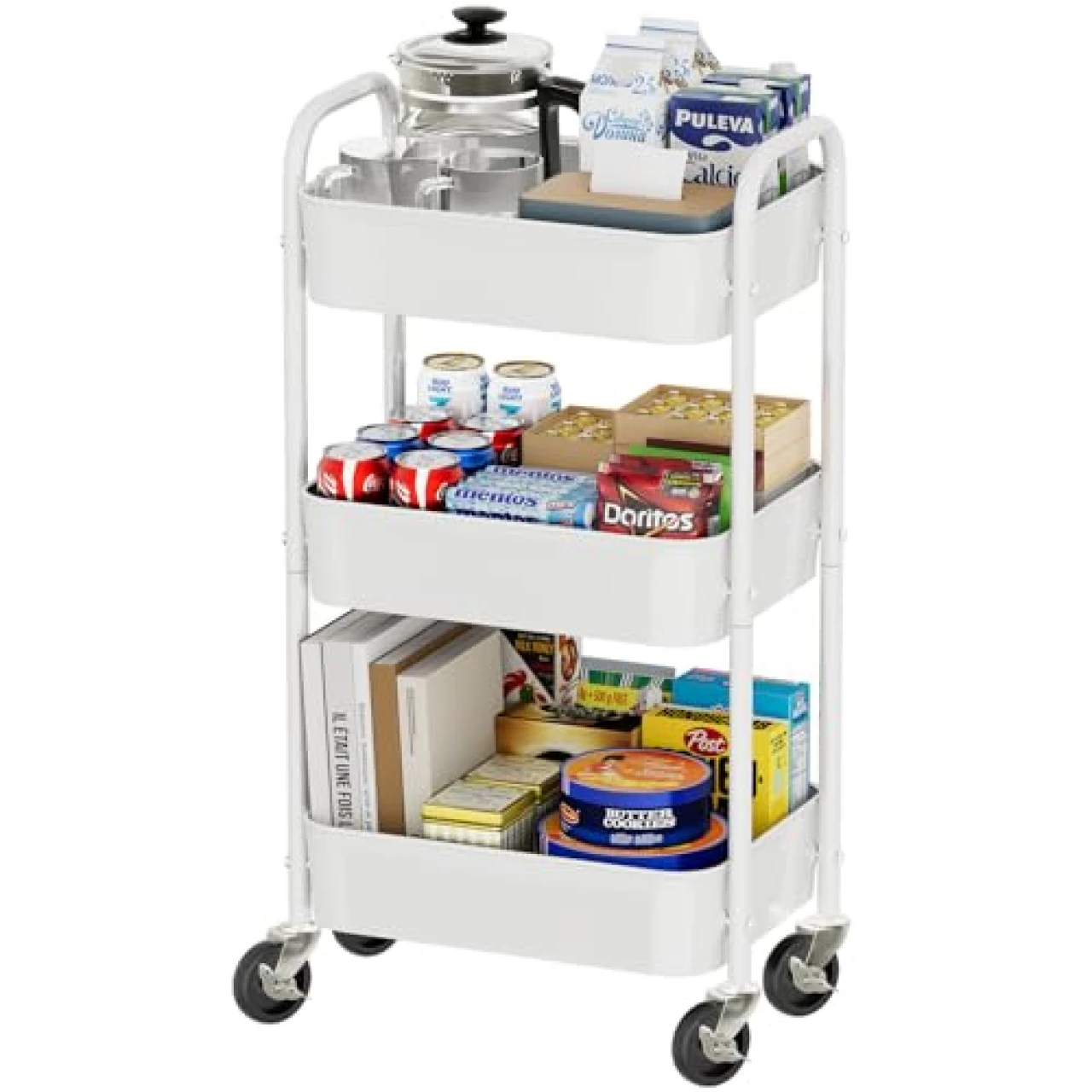 Simple Trending 3 Tier Metal Cart on Wheels, Heavy Duty Rolling Storage Cart for Kitchen to Organize Books Snacks Tools, White
