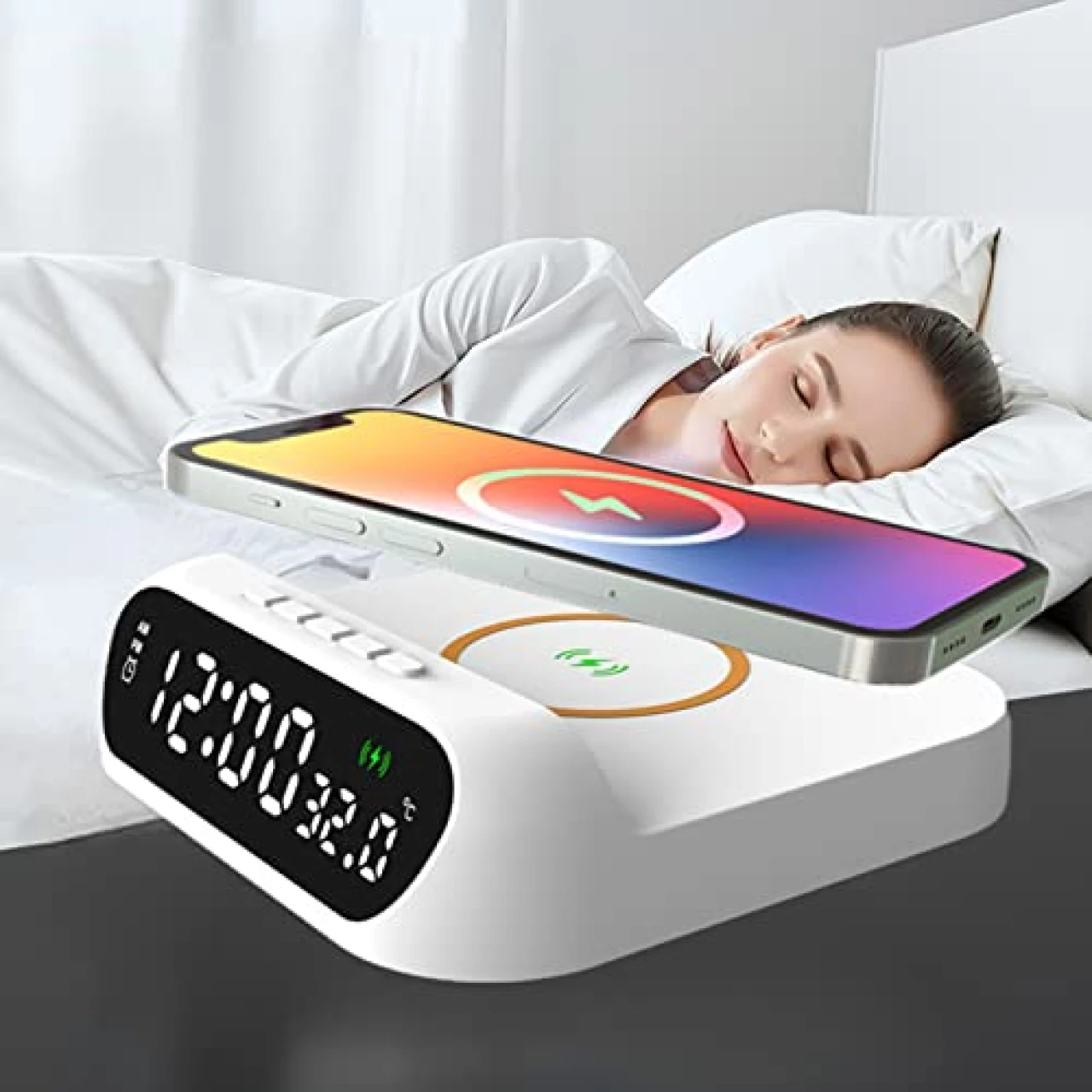 Bedside Digital Alarm Clock with Wireless Charging Station, Portable Wireless Charger Clock with Large Display, Wireless Charging Bracket for Cell Phone