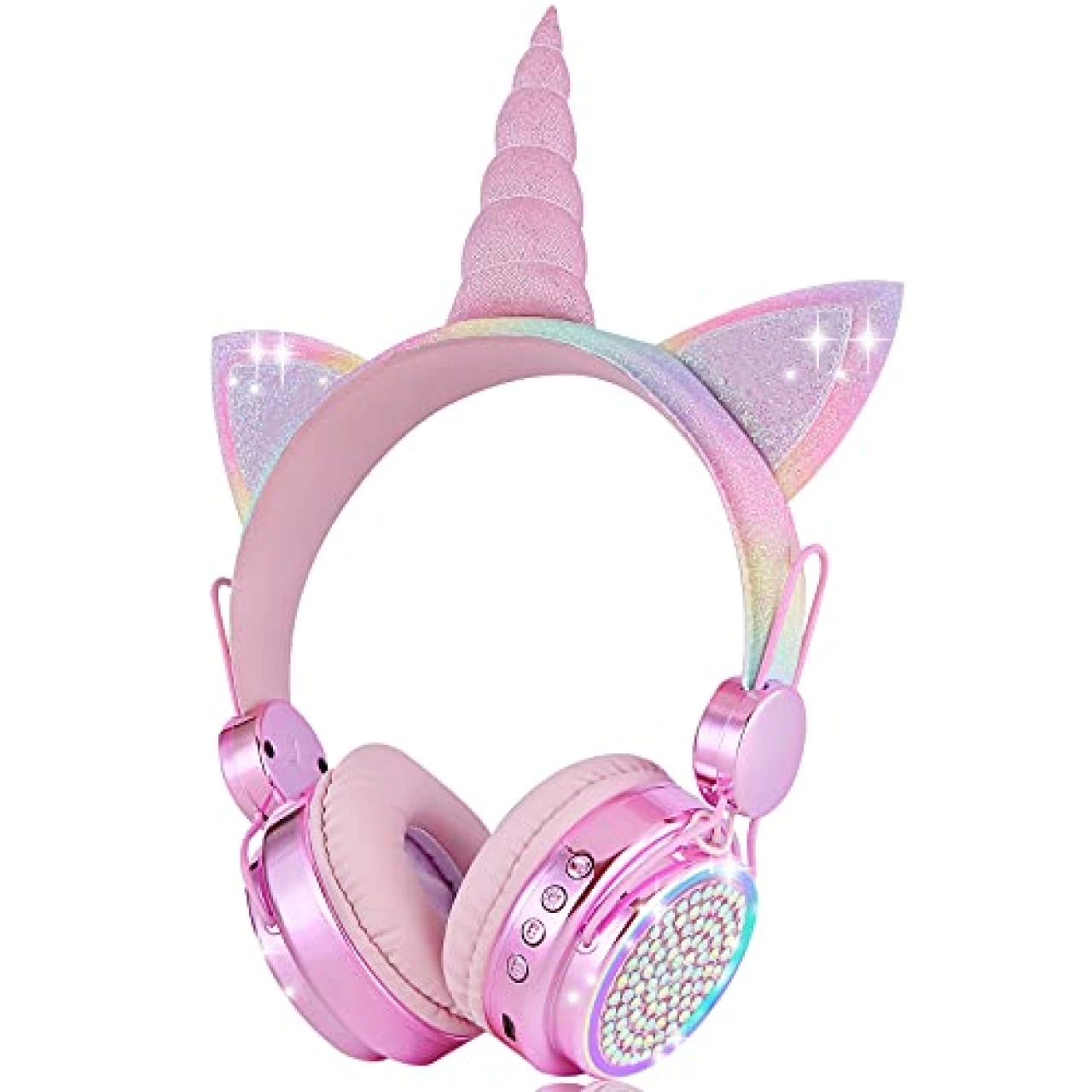 KORABA Kids Wireless Headphones for Girls Children Teens, LED Light Up Bluetooth Unicorn Headphones with Microphone (Pink Wireless)