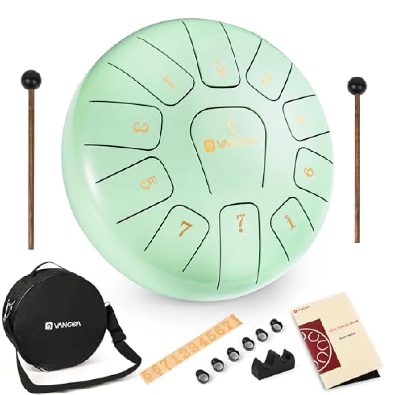 Steel Tongue Drum, 11 Notes 8 Inches Tongue Drum C Major Steel Drum with Bag, Finger Picks, Mallets and Music Book for Musical Education Mind Healing Yoga Meditation, Green, by Vangoa