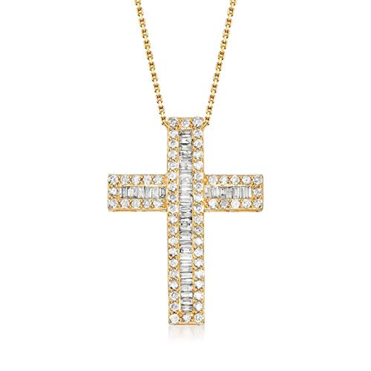 Ross-Simons 3.00 ct. t.w. Baguette and Round Diamond Cross Pendant Necklace in 18kt Gold Over Sterling. 18 inches
