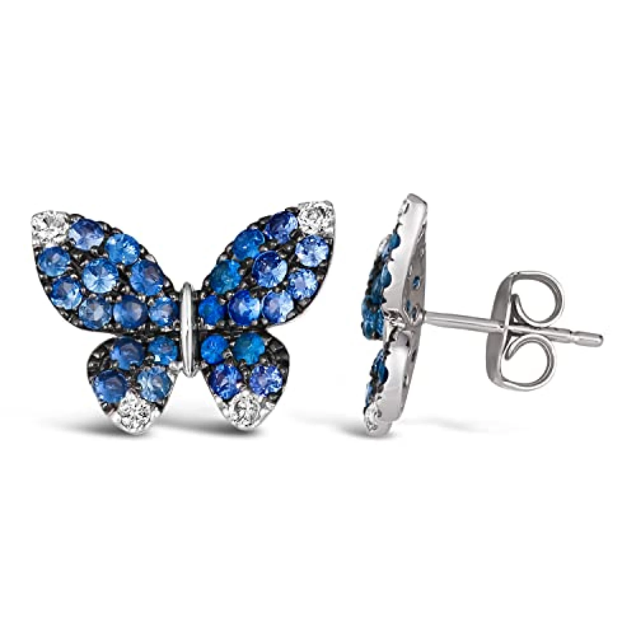 1 2/5 Carat White and Blue Sapphire Butterfly Stud Earrings for Women in 14k White Gold Studs with Push Back by LeVian