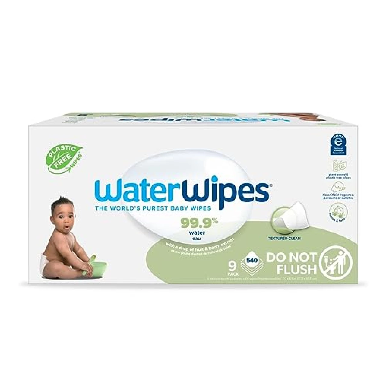 WaterWipes Plastic-Free Textured Clean, Toddler &amp; Baby Wipes, 99.9% Water Based Wipes, Unscented &amp; Hypoallergenic for Sensitive Skin, 540 Count (9 packs), Packaging May Vary