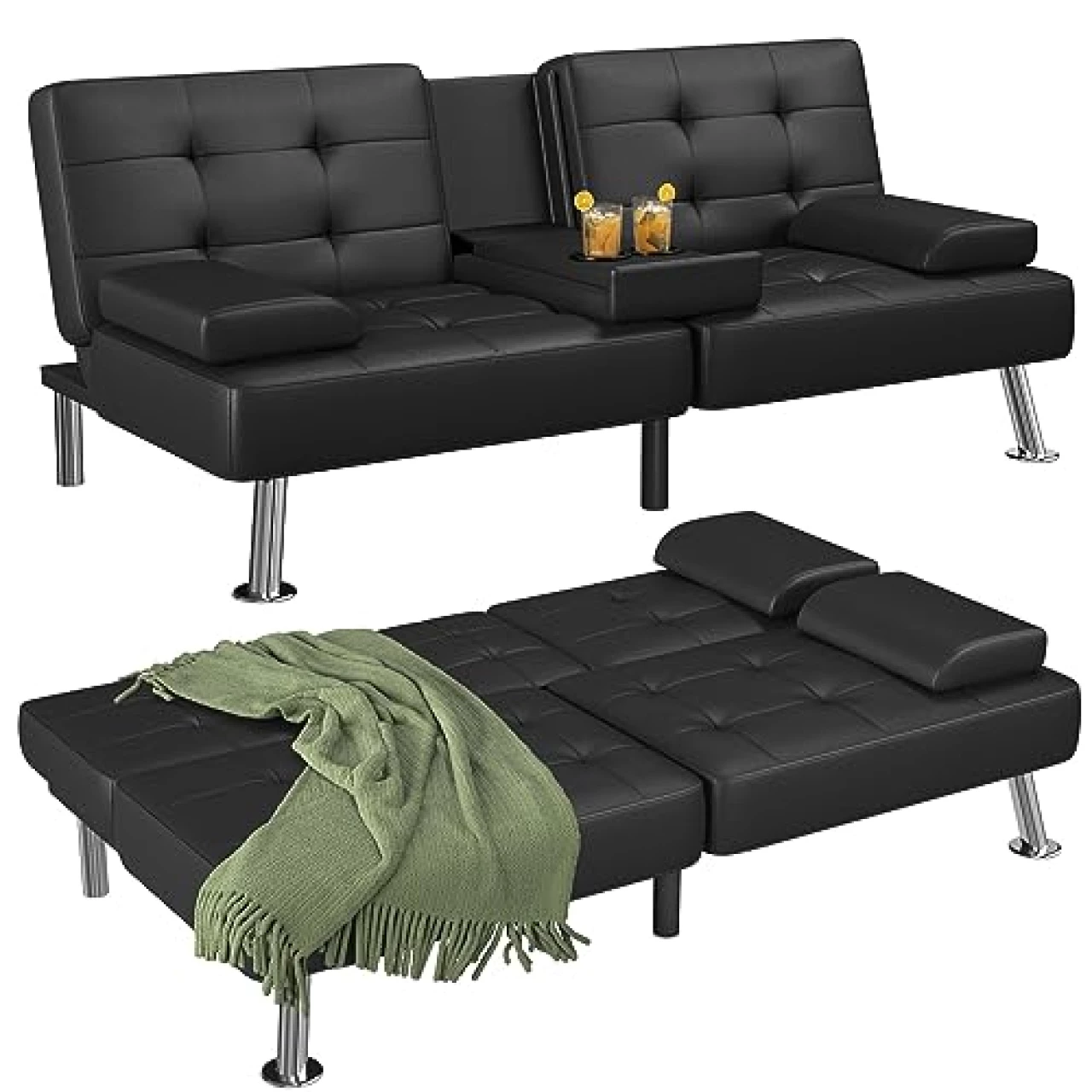 Flamaker Futon Sofa Bed Modern Faux Leather Couch