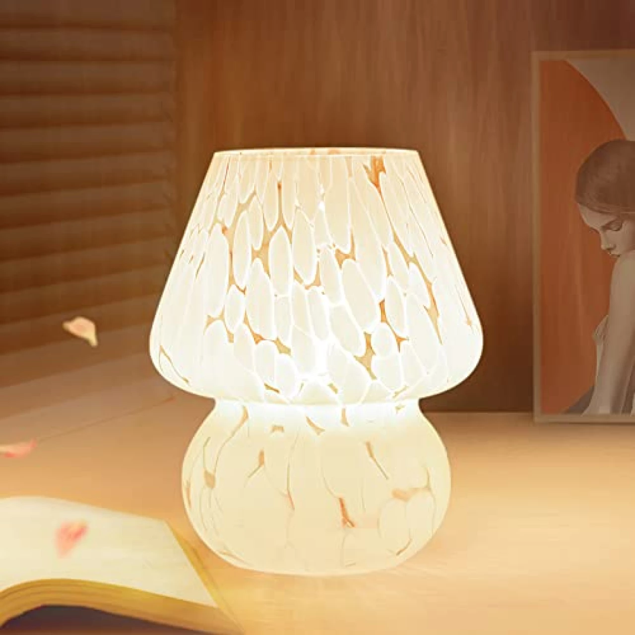 ONEWISH Mushroom Lamp Small Bedside Table Lamp-Nightstand Light Fully Dimmable, Translucent Glass Lamp for Bedroom Living Kitchen, Murano Aesthetic Lamp Birthday Gift White