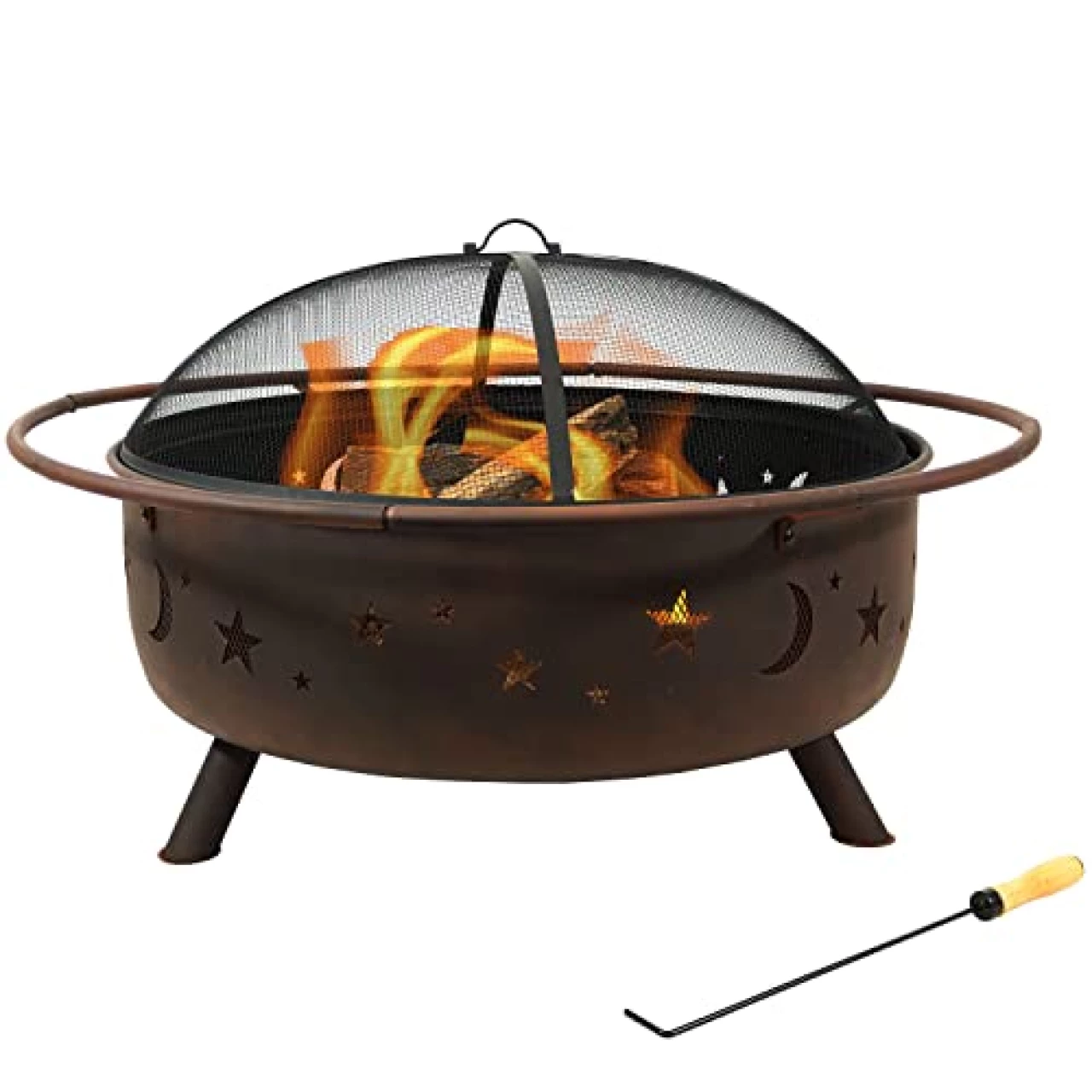 Sunnydaze Cosmic 42-Inch Wood-Burning Steel Fire Pit with Round Spark Screen, Poker, and Built-in Grate - Rust Patina