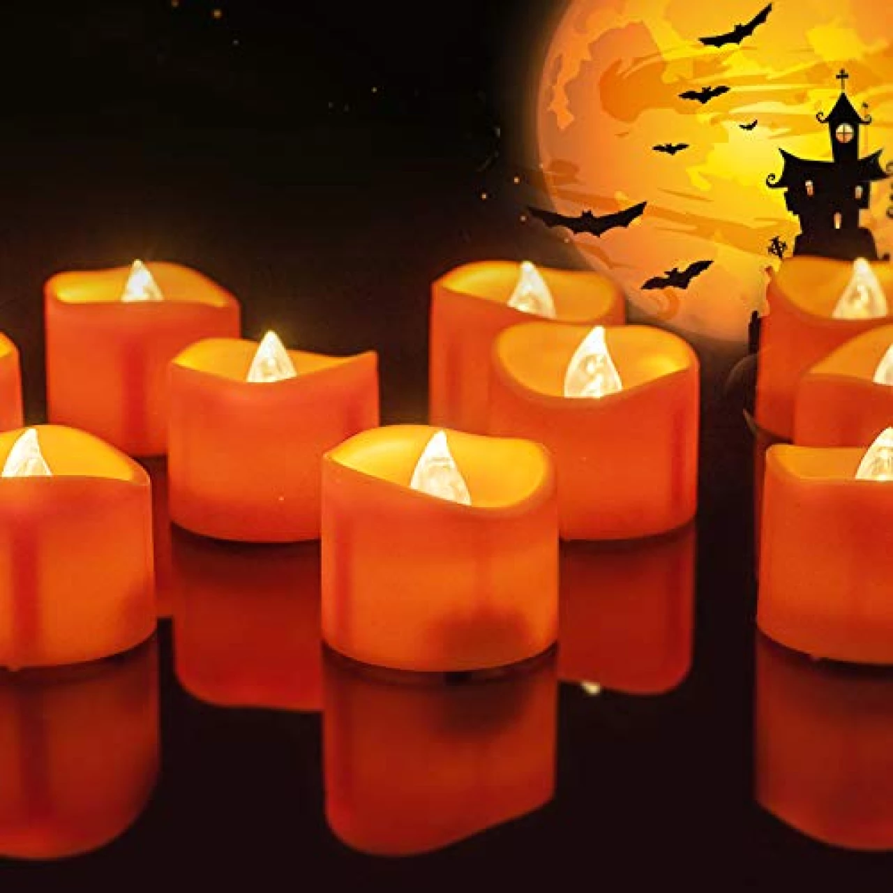 Homemory Halloween 12 Pack Orange Tea Light Candles, Battery Operated LED Tealights, Small Pumpkins Lights, Flameless, Electric Fake Tea Candles